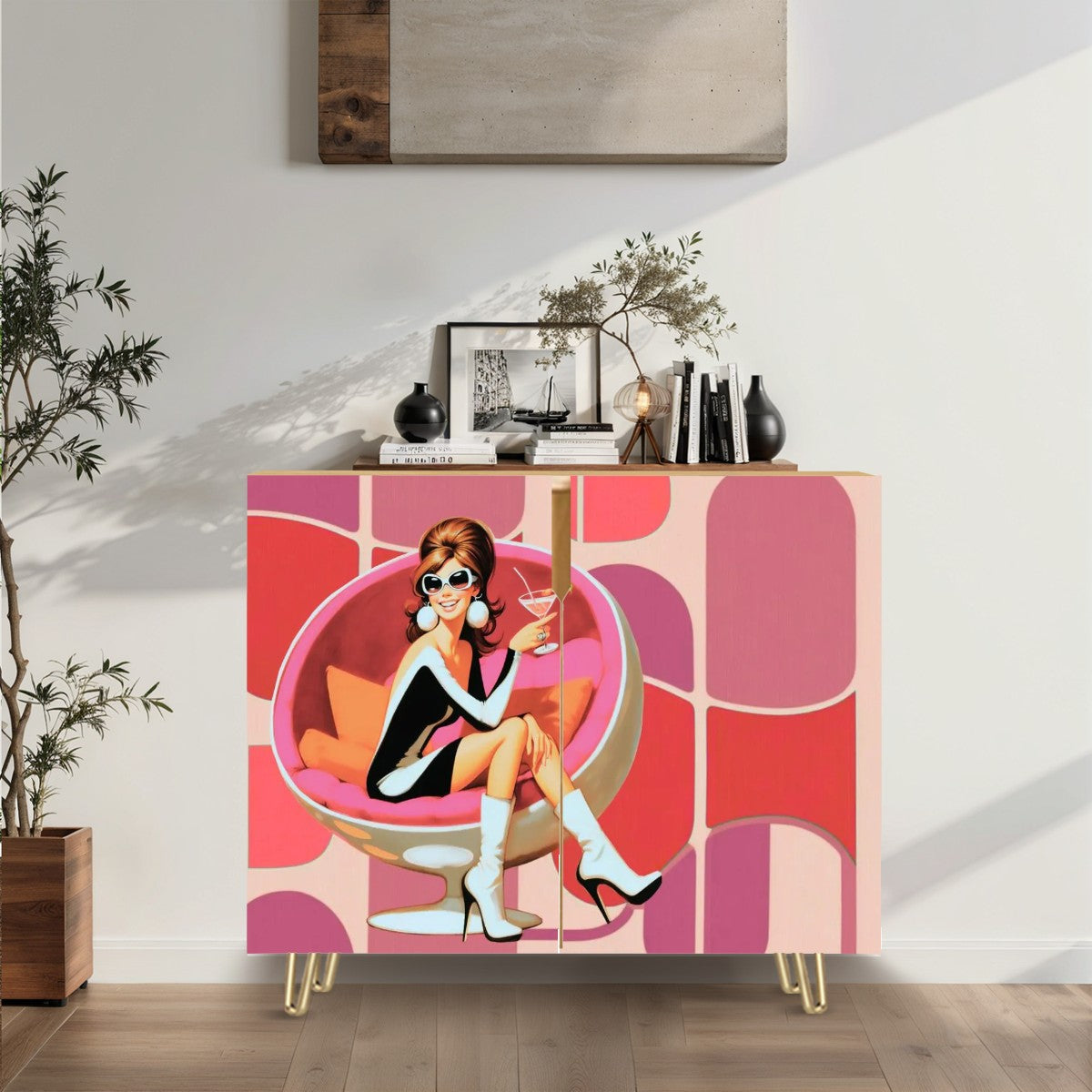 Mid Century Modern Bar Cabinet, Kitschy Mod 60s Gal Pink Geometric MCM Credenza Sideboard - Mid Century Modern Gal