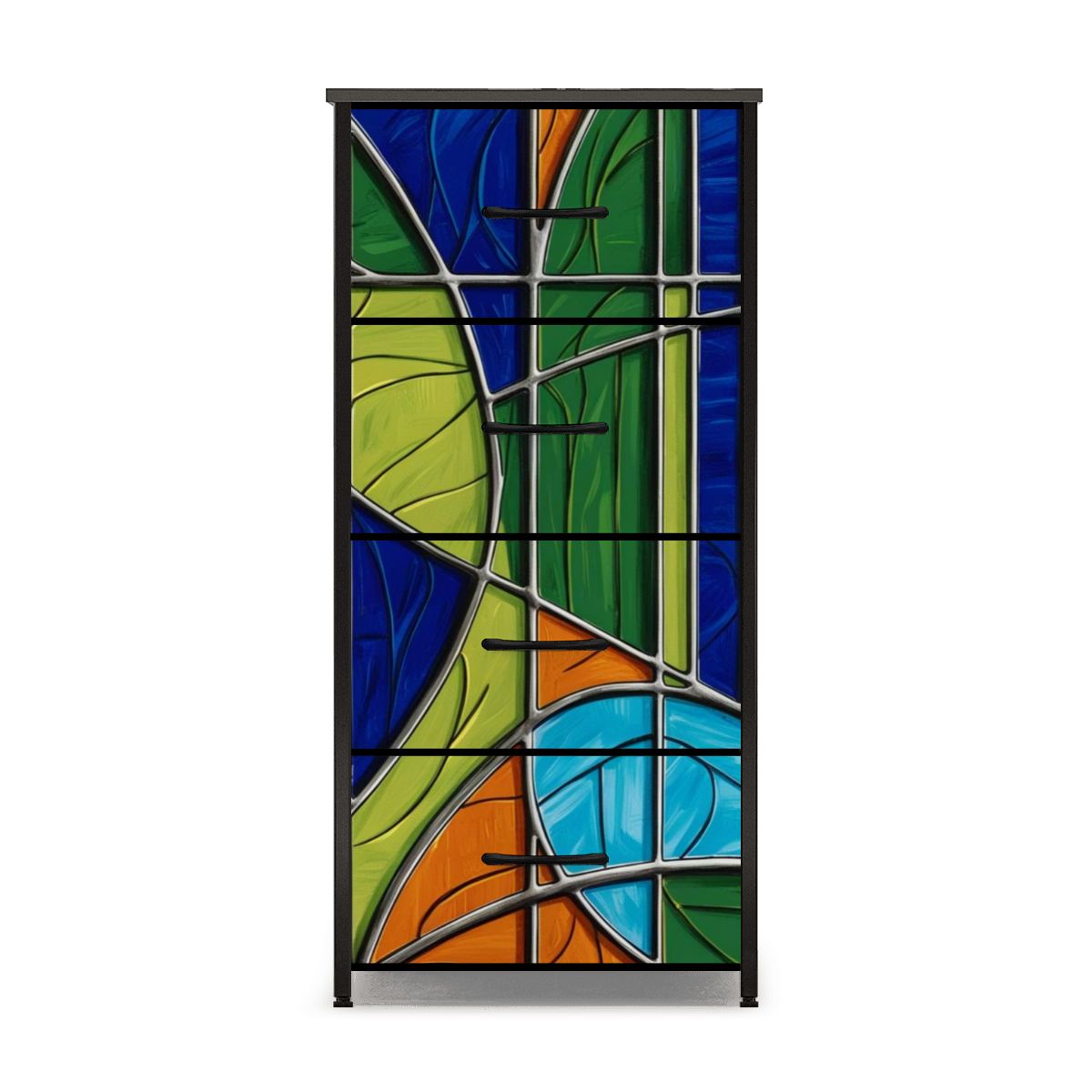 Mid Century Modern Green Blue Orange Purple Faux Stained Glass Designed 4-Drawer Dresser - Mid Century Modern Gal