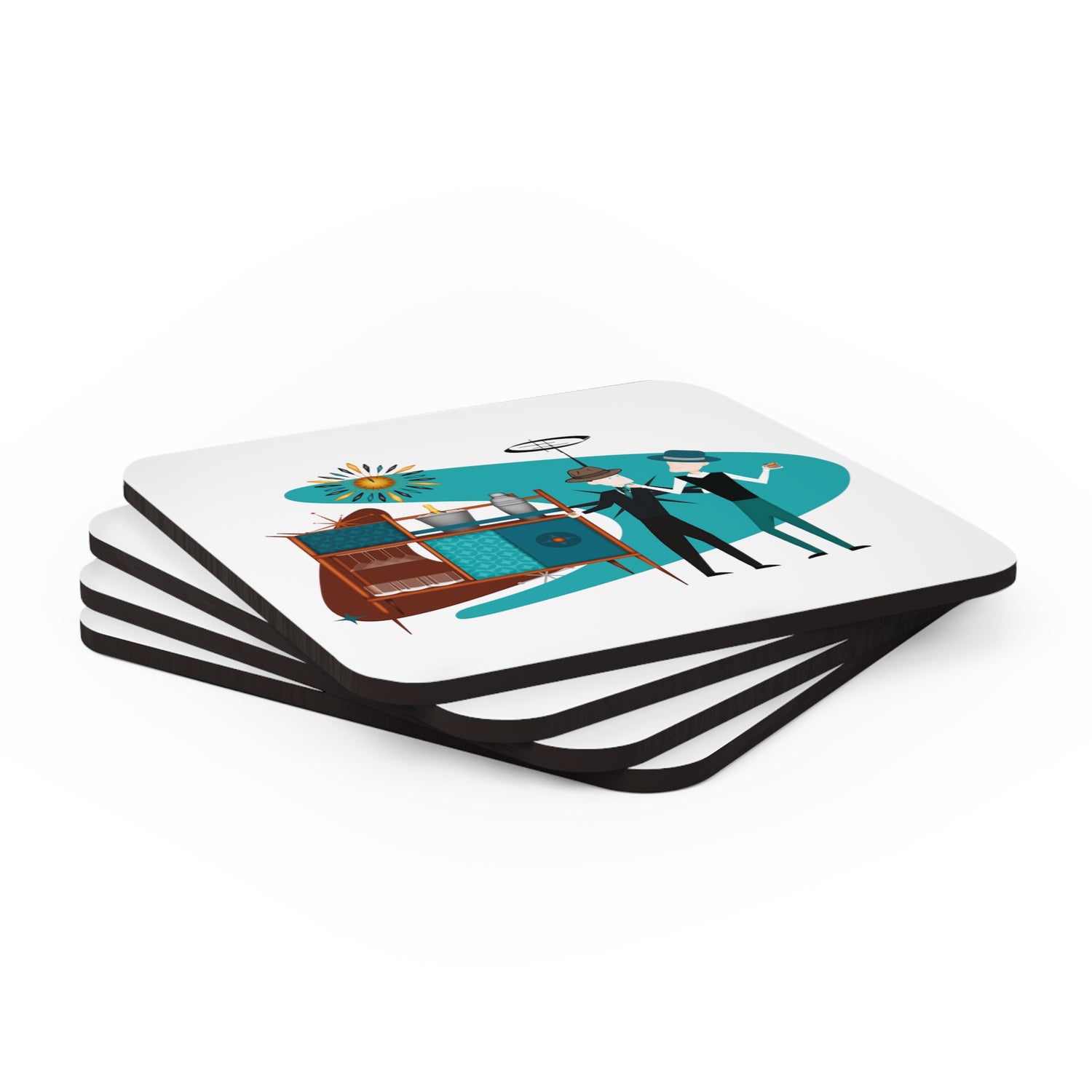 Atomic Barware, Male Couple, Gay Couple, Mid Century Modern Kitsch 50s Corkwood Coaster Set - Mid Century Modern Gal