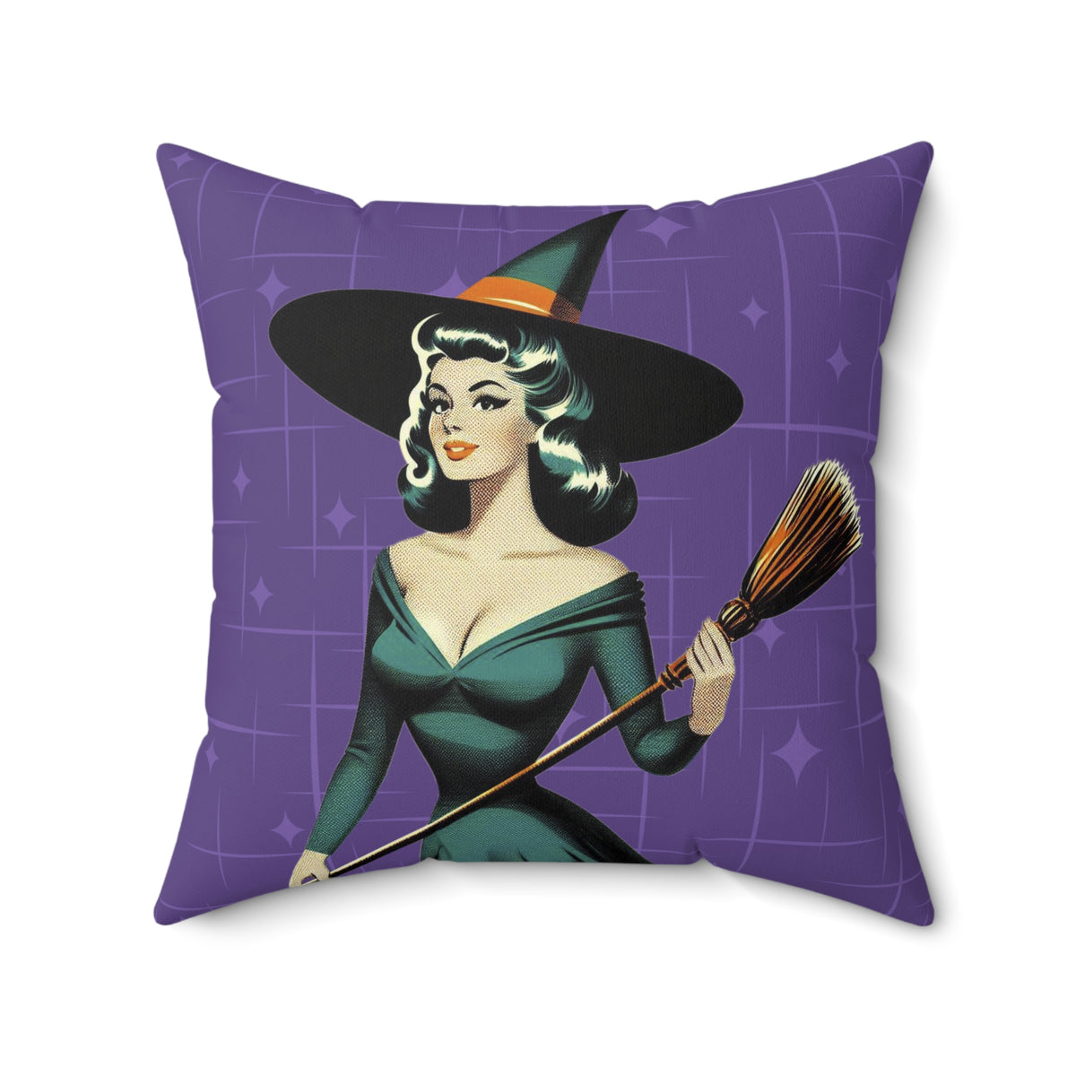 Mid Century Modern Vintage Pin Up Witch Halloween Purple Teal Halloween Pillow Cover and Insert - Mid Century Modern Gal