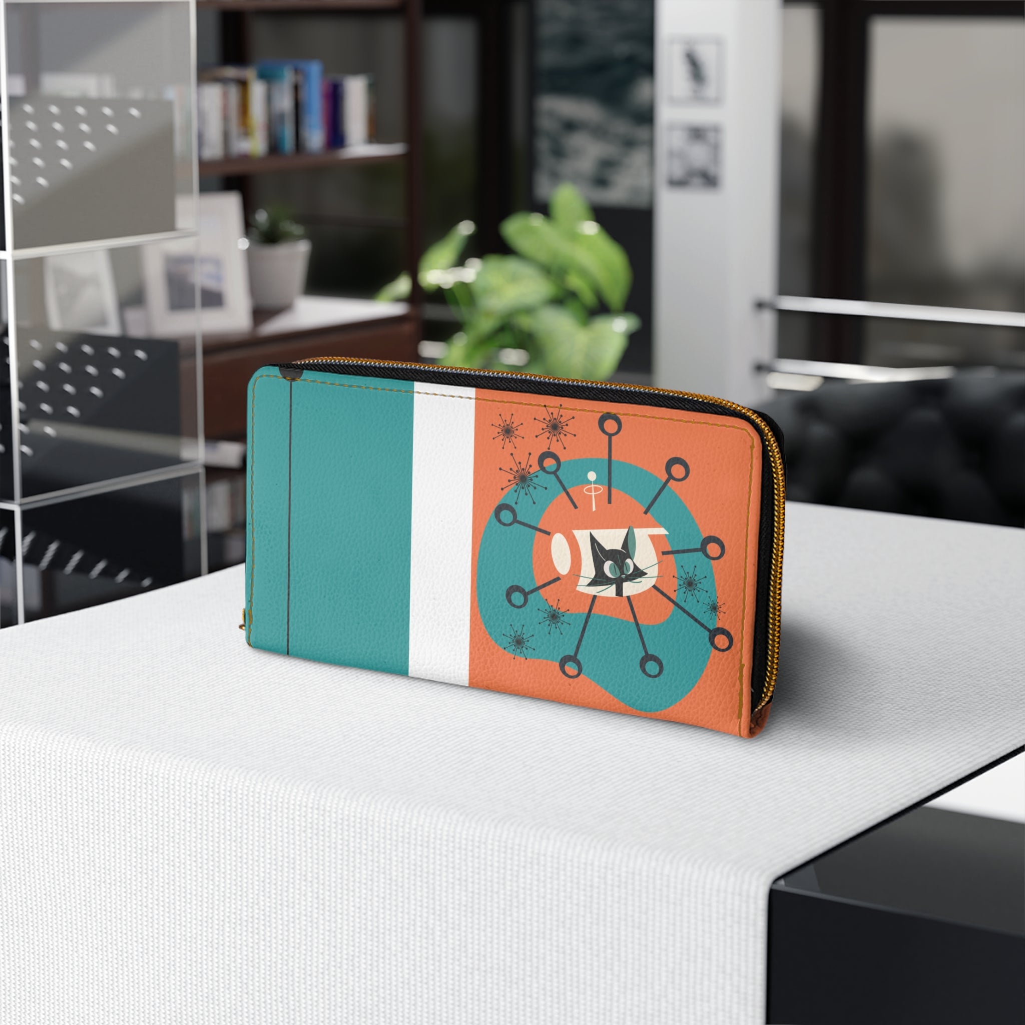 Atomic Cat Orange, Teal Space Age Kitschy Fun Zipper Wallet - Mid Century Modern Gal