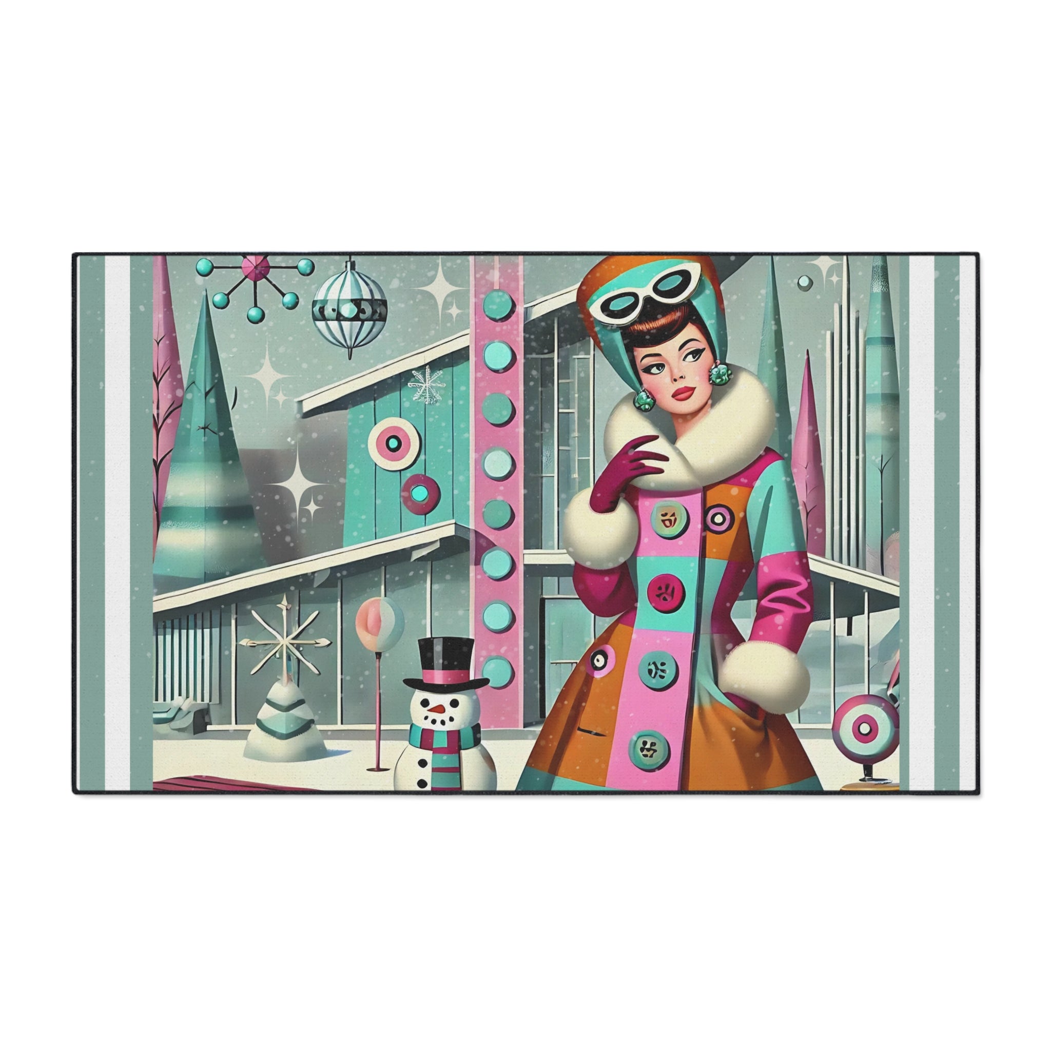 Vintage Mod Gal Retro Holiday Heavy Duty Floor Mat with Winter Scene Design - Mid Century Modern Gal