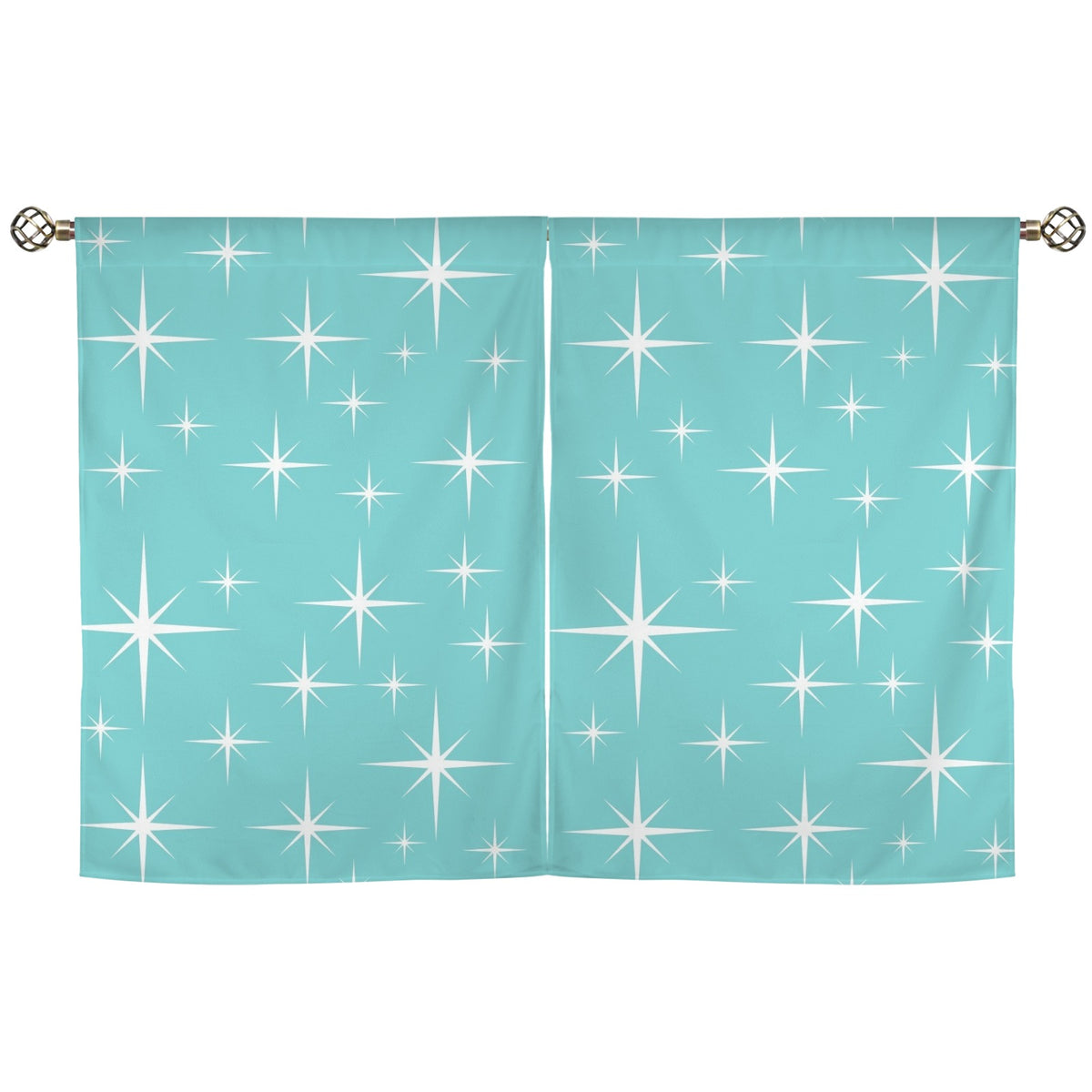 Atomic Starburst Aqua White Mid Mod Cafe Window Curtains - Mid Century Modern Gal