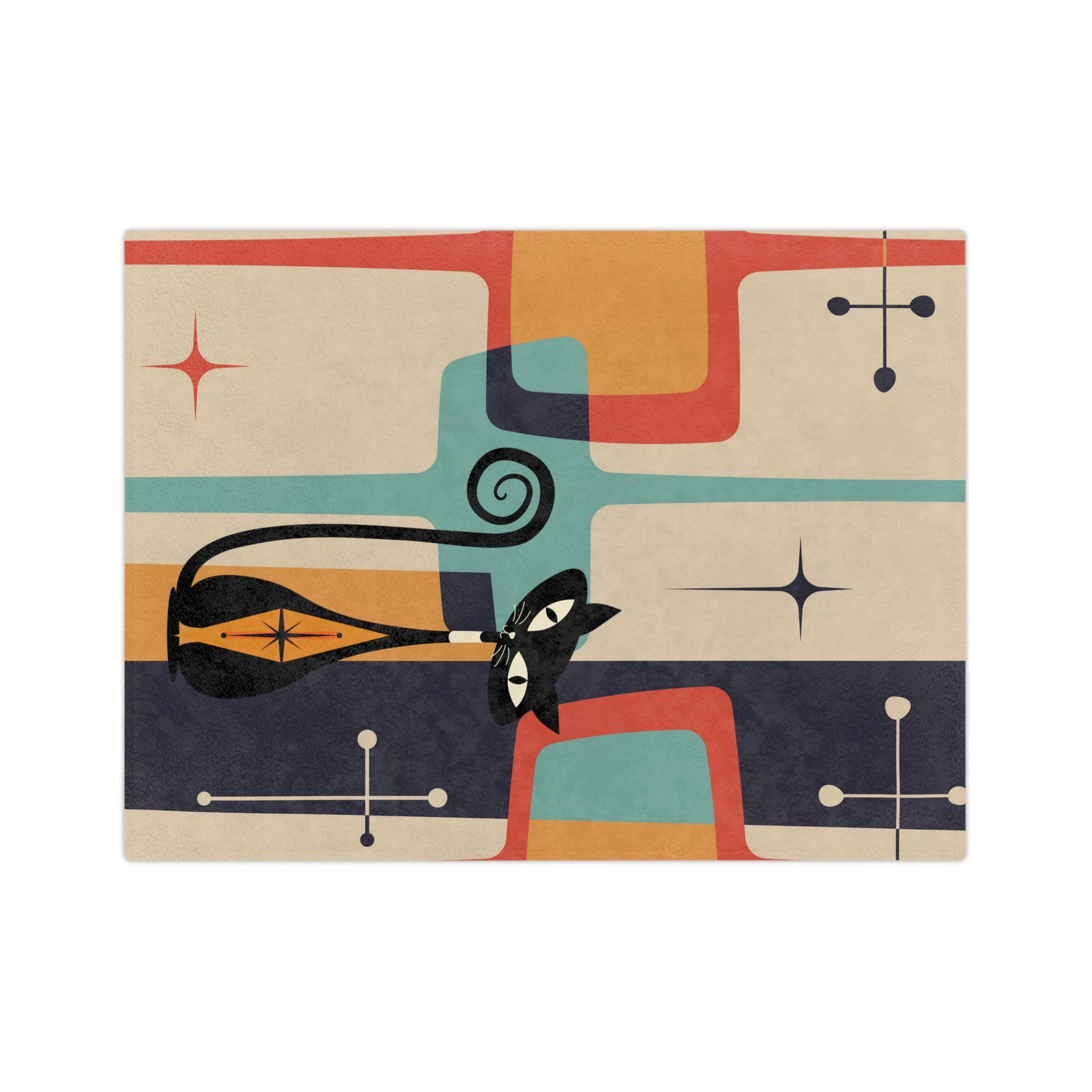 Atomic Cat Kitschy Mid Century Modern Velveteen Blanket - Mid Century Modern Gal