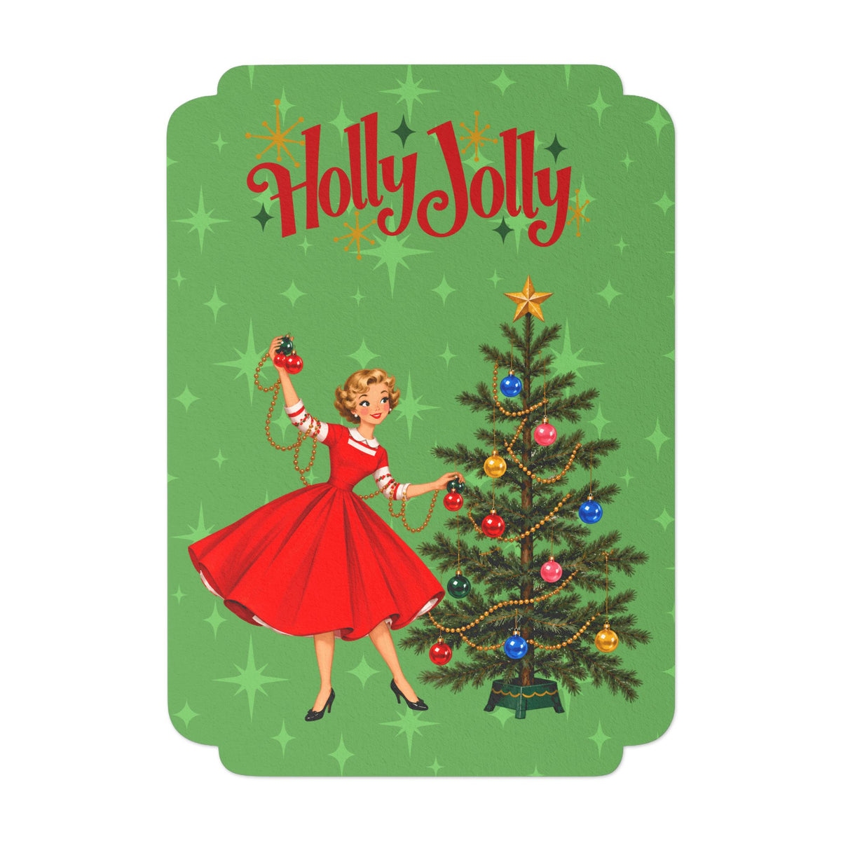 Mid Century Modern Gal Decorating Christmas Tree, Green Atomic Starbursts Flat Postcard Style Christmas Greeting Cards