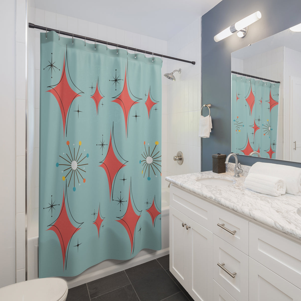 Mid Century Modern Atomic Starburst Diamond Coral, Misty Blue, Shower Curtain - Mid Century Modern Gal