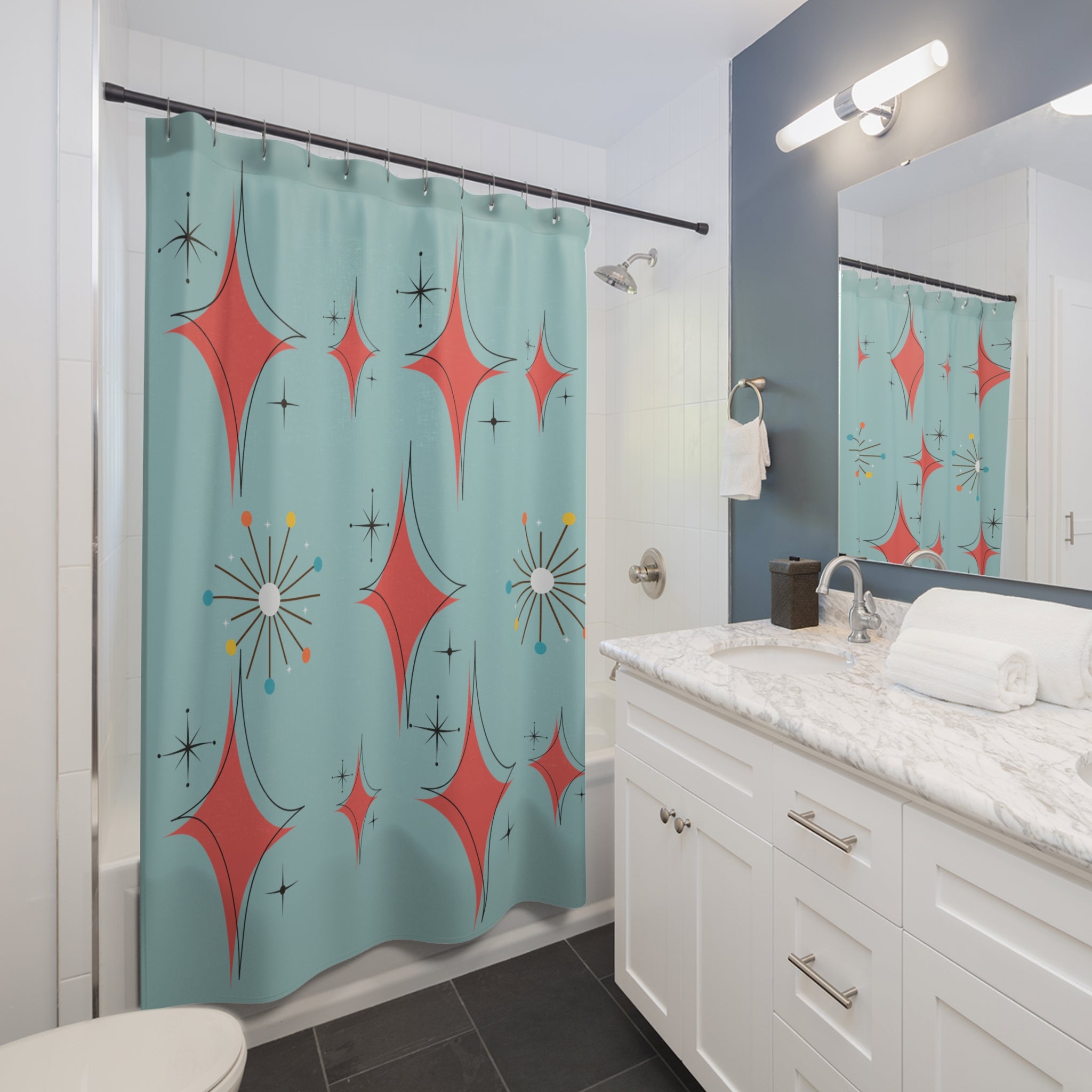 Mid Century Modern Atomic Starburst Diamond Coral, Misty Blue, Shower Curtain - Mid Century Modern Gal