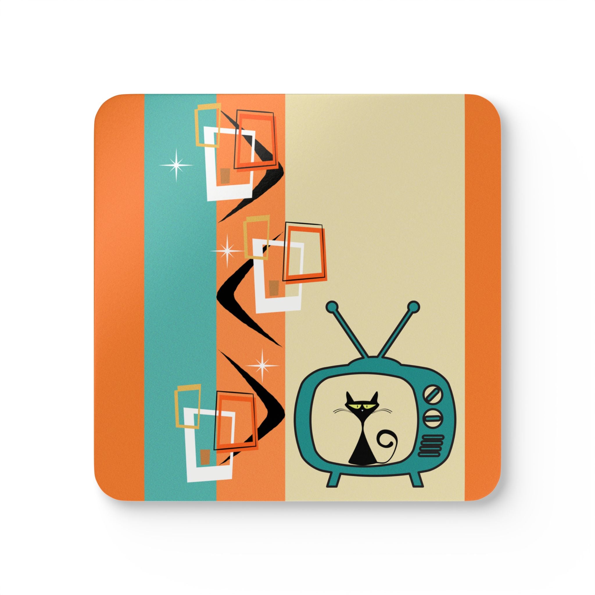 Atomic Cat Retro Kitschy Cute Boomerang Starburst Mid Mod Corkwood Coaster Set - Mid Century Modern Gal