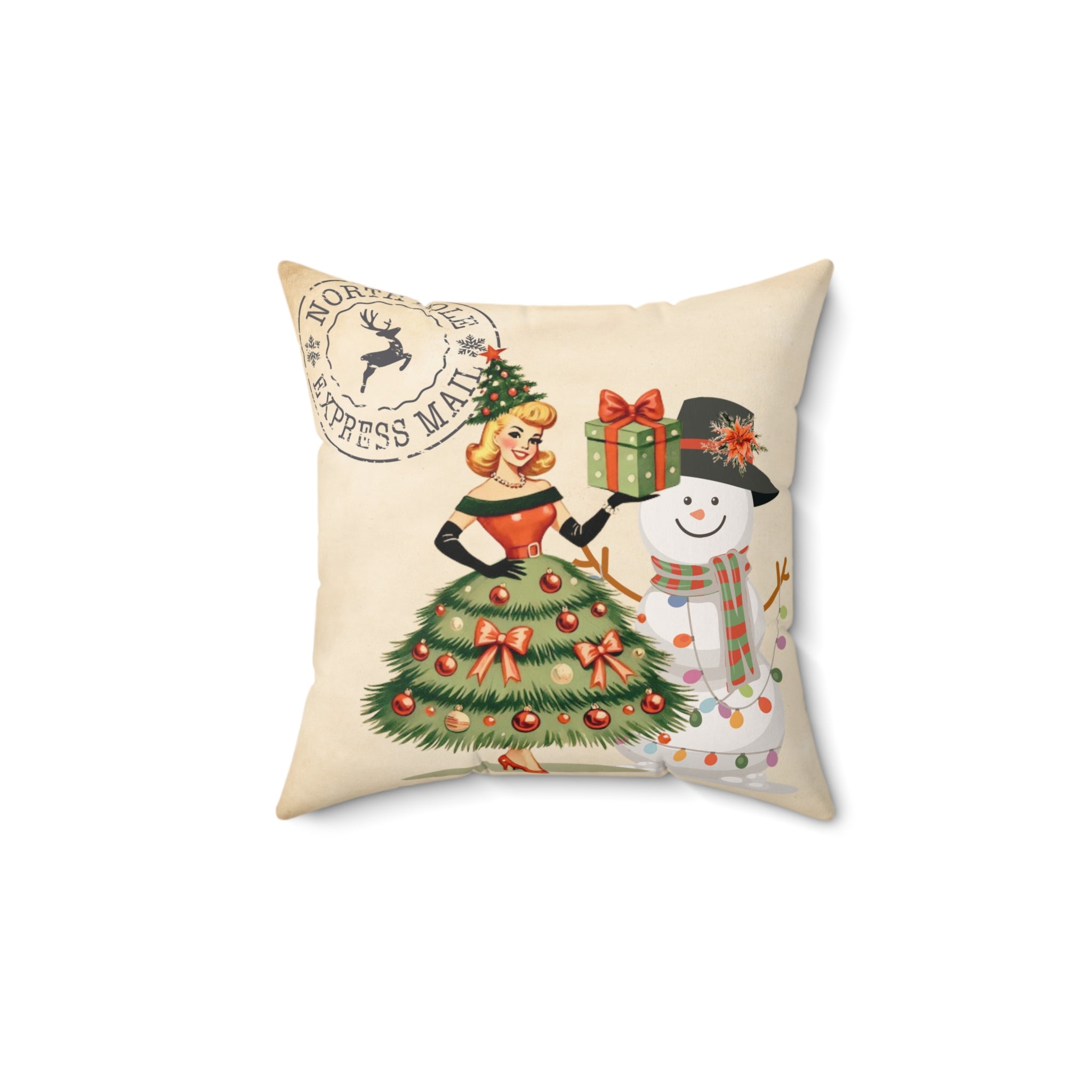 Vintage Christmas Pillow - Retro Santa with Snowman Design - Mid Century Modern Gal