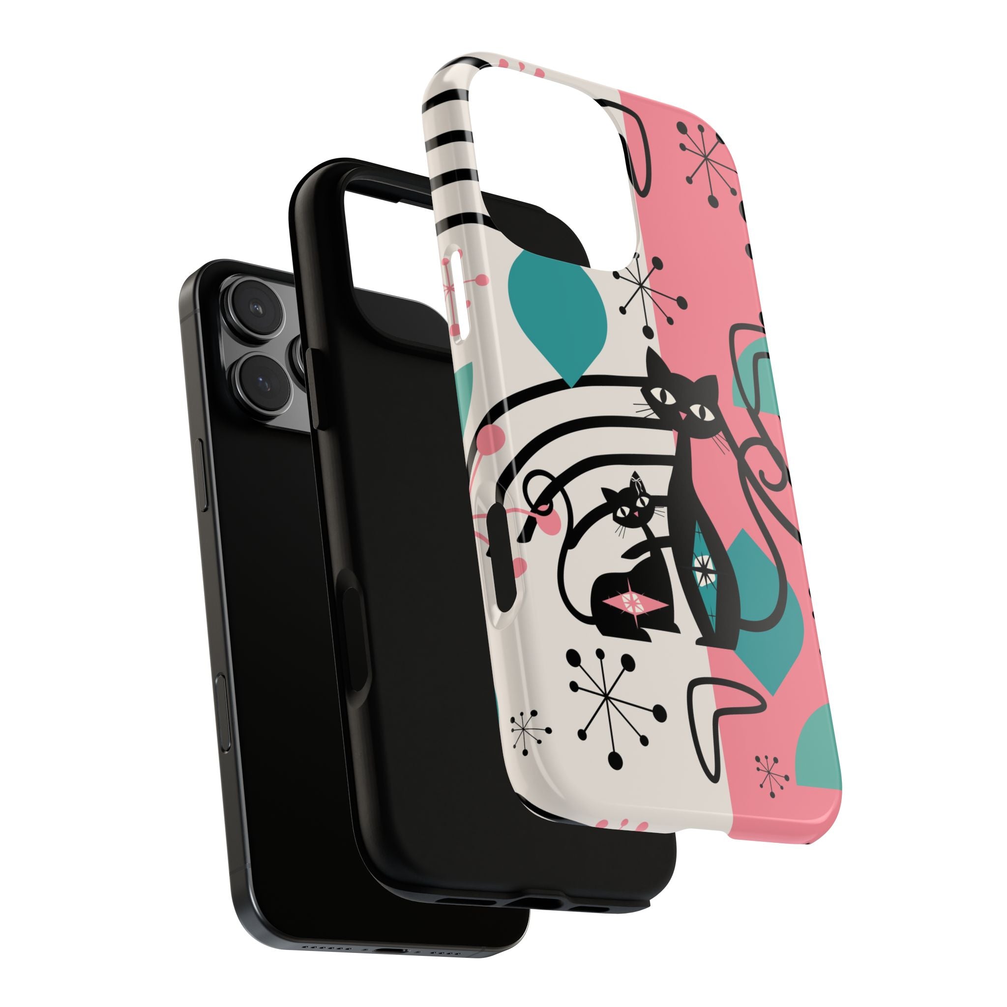 Mid Mod Atomic Cat Boomerang Starburst, Pink, Black Kitschy Stylish Cat Phone Case: Modern Design for Cat Lovers