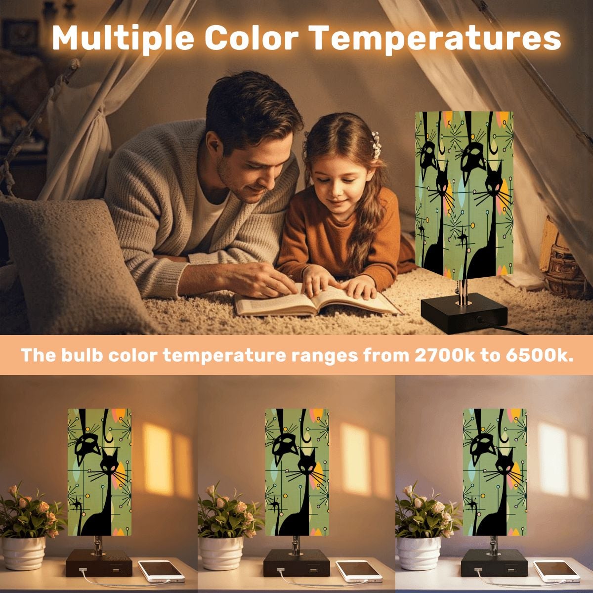 Atomic Starburst Atomic Cat Green Yellow Sputnik Designed MCM Square Table Lamp with USB Ports - Mid Century Modern Gal
