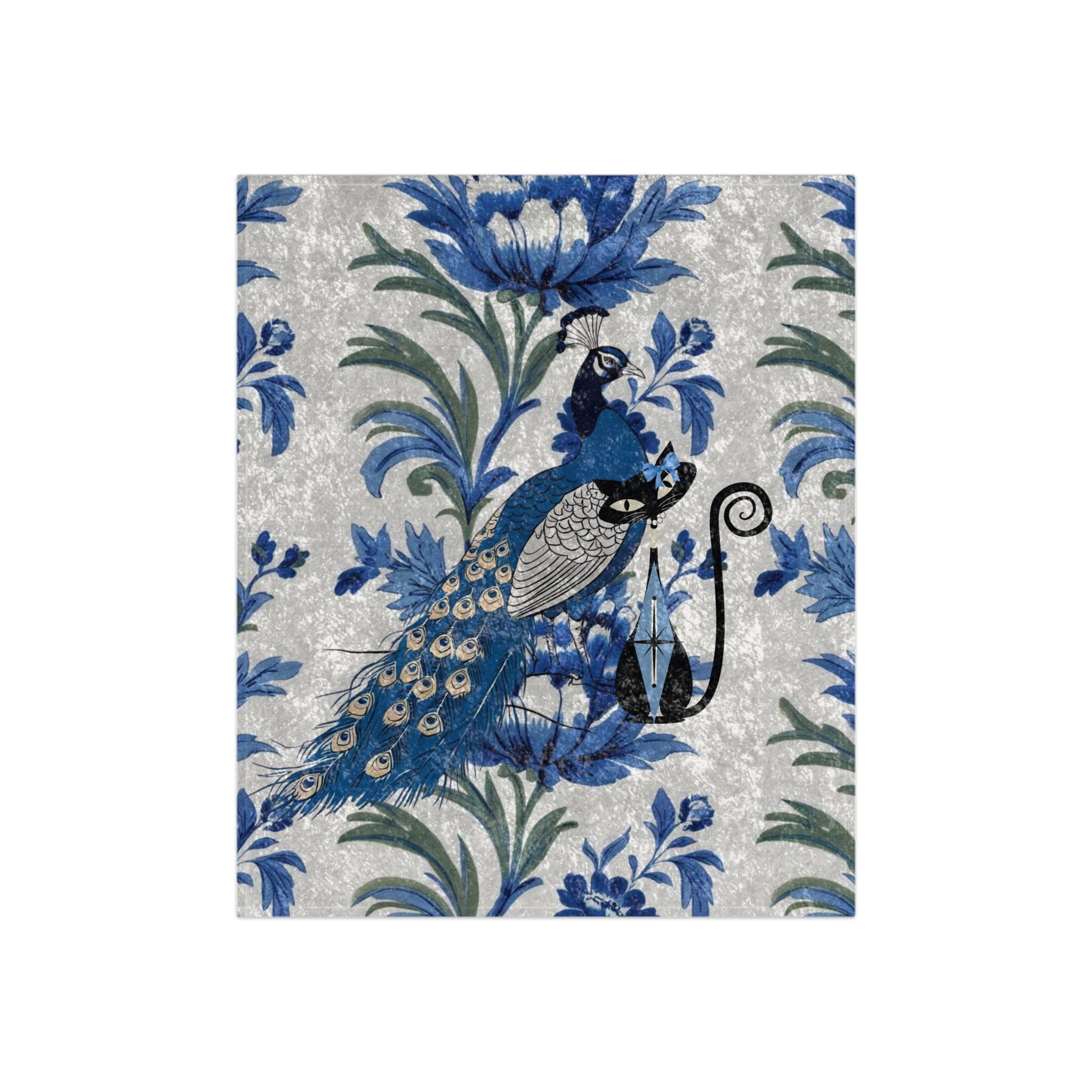 Chinoiserie Elegant Peacock, Atomic Cat Crushed Velvet Blanket - Luxurious Throw for Home Décor - Mid Century Modern Gal
