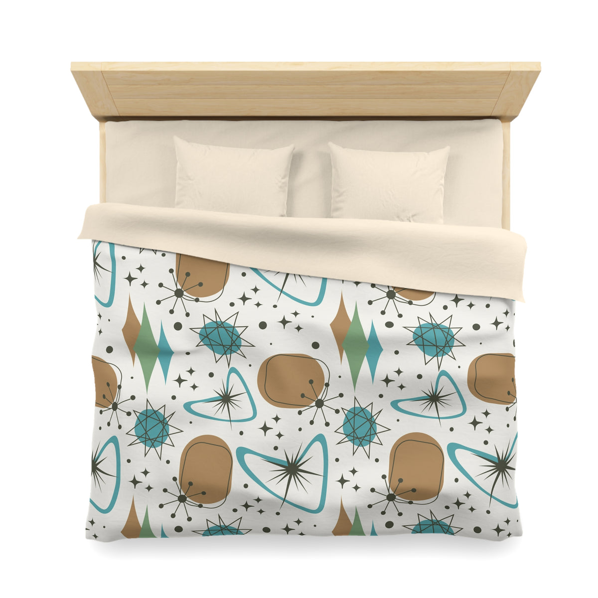 Mid Century Modern Franciscan Starburst Camel Brown, Beige Teal Starburst Retro-Modern Duvet Cover - Mid Century Modern Gal