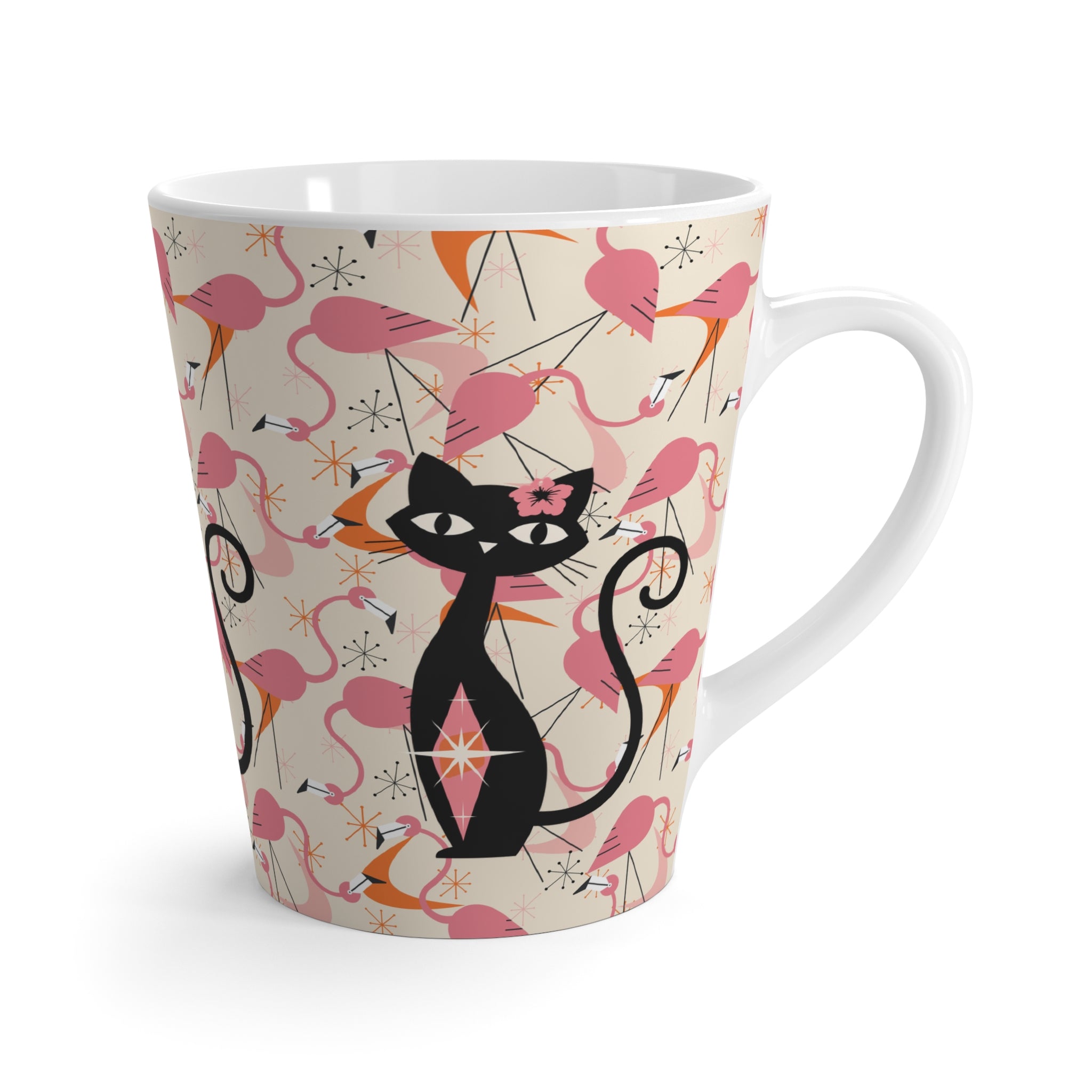 Atomic Cat, Kitschy Mod Dancing Flamingos Fun Ceramic Coffee Cup for Cat Lovers - Mid Century Modern Gal