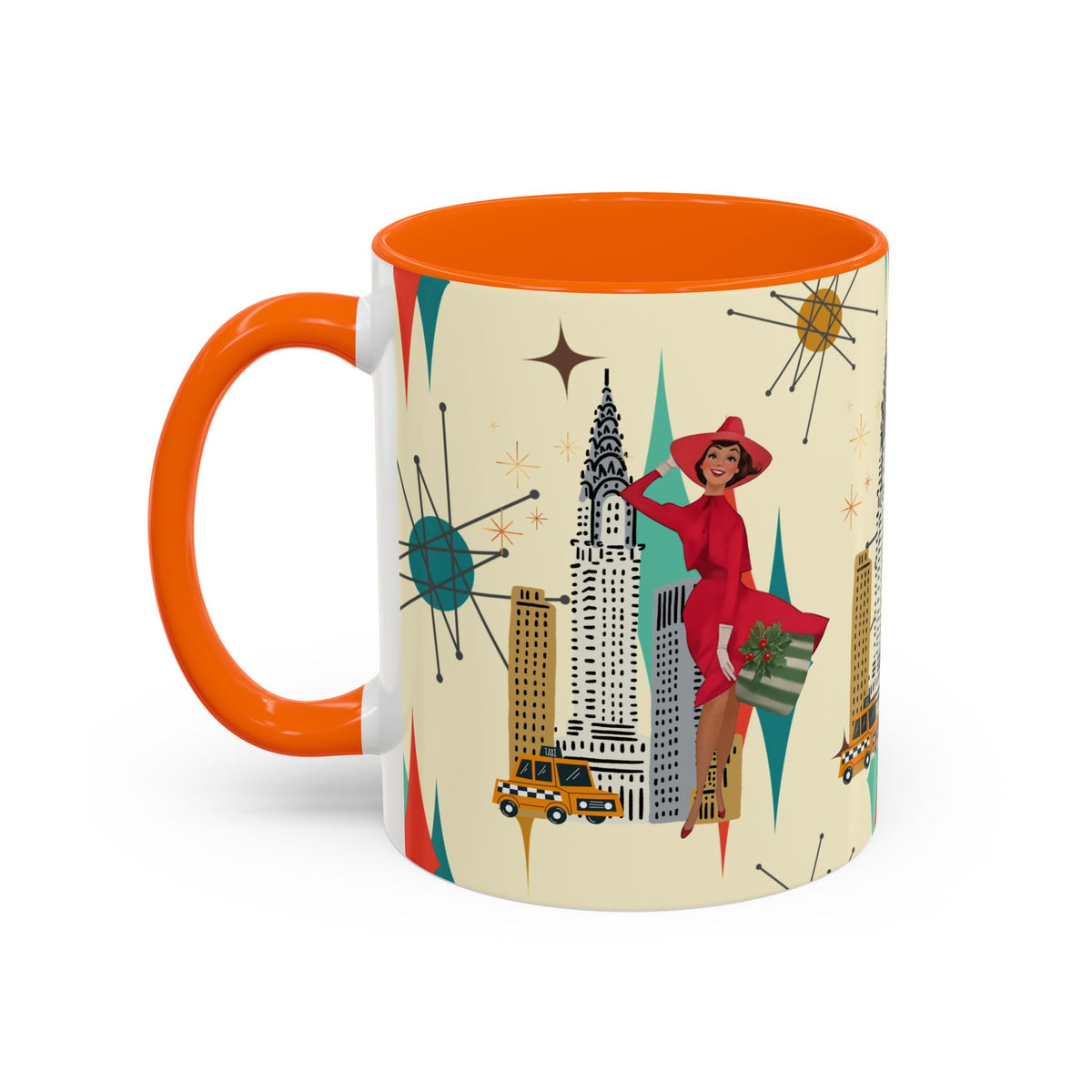 Mid Century Modern Kitschy Christmas Gal, Franciscan Starburst Diamond Retro Chic Accent Coffee Mug - Vintage Cityscape Design - Mid Century Modern Gal