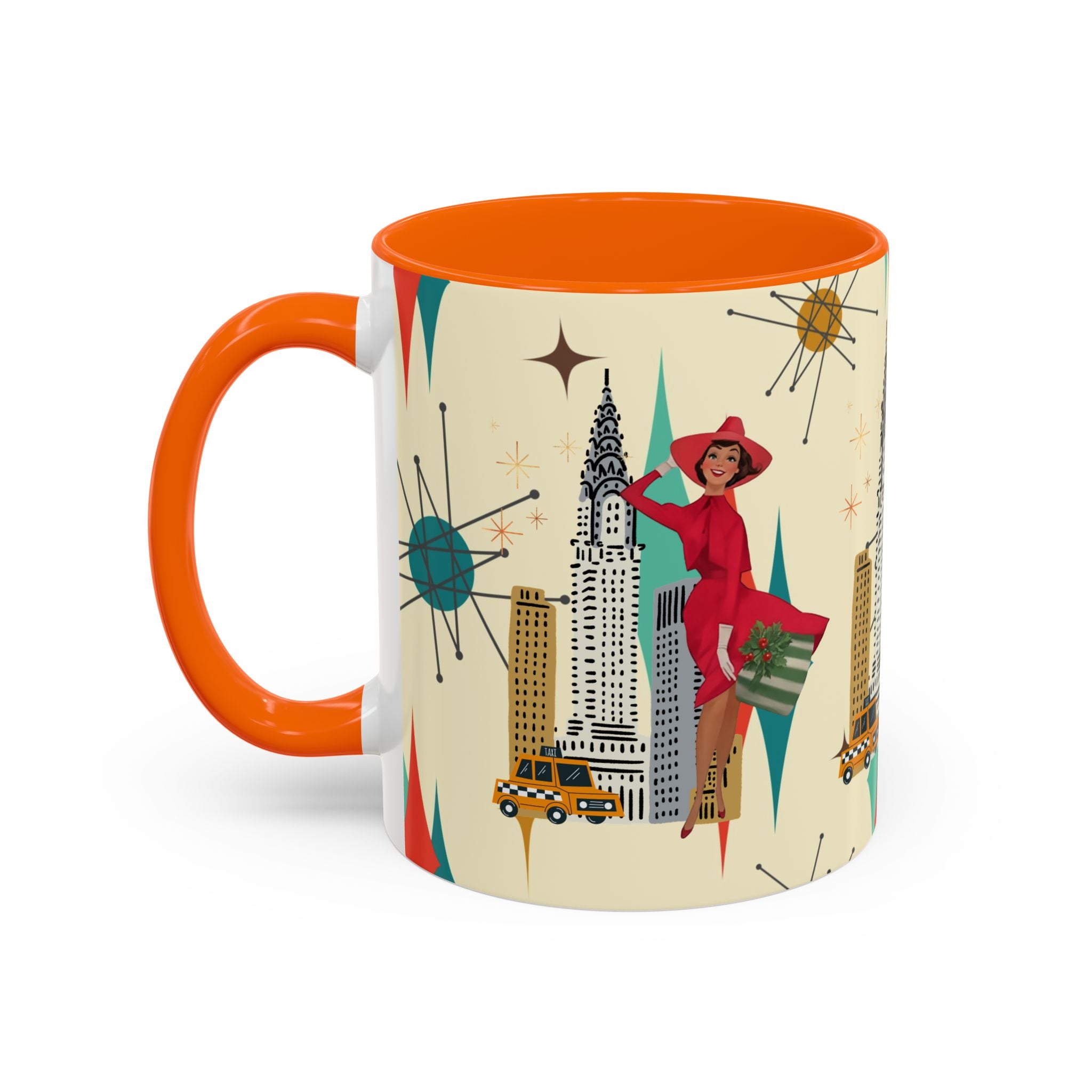 Mid Century Modern Kitschy Christmas Gal, Franciscan Starburst Diamond Retro Chic Accent Coffee Mug - Vintage Cityscape Design - Mid Century Modern Gal
