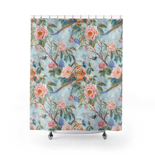 Chinoiserie Designed Shower Curtain Floral Blue , Pink Cottagecore Beautiful Botanical Shower Curtain