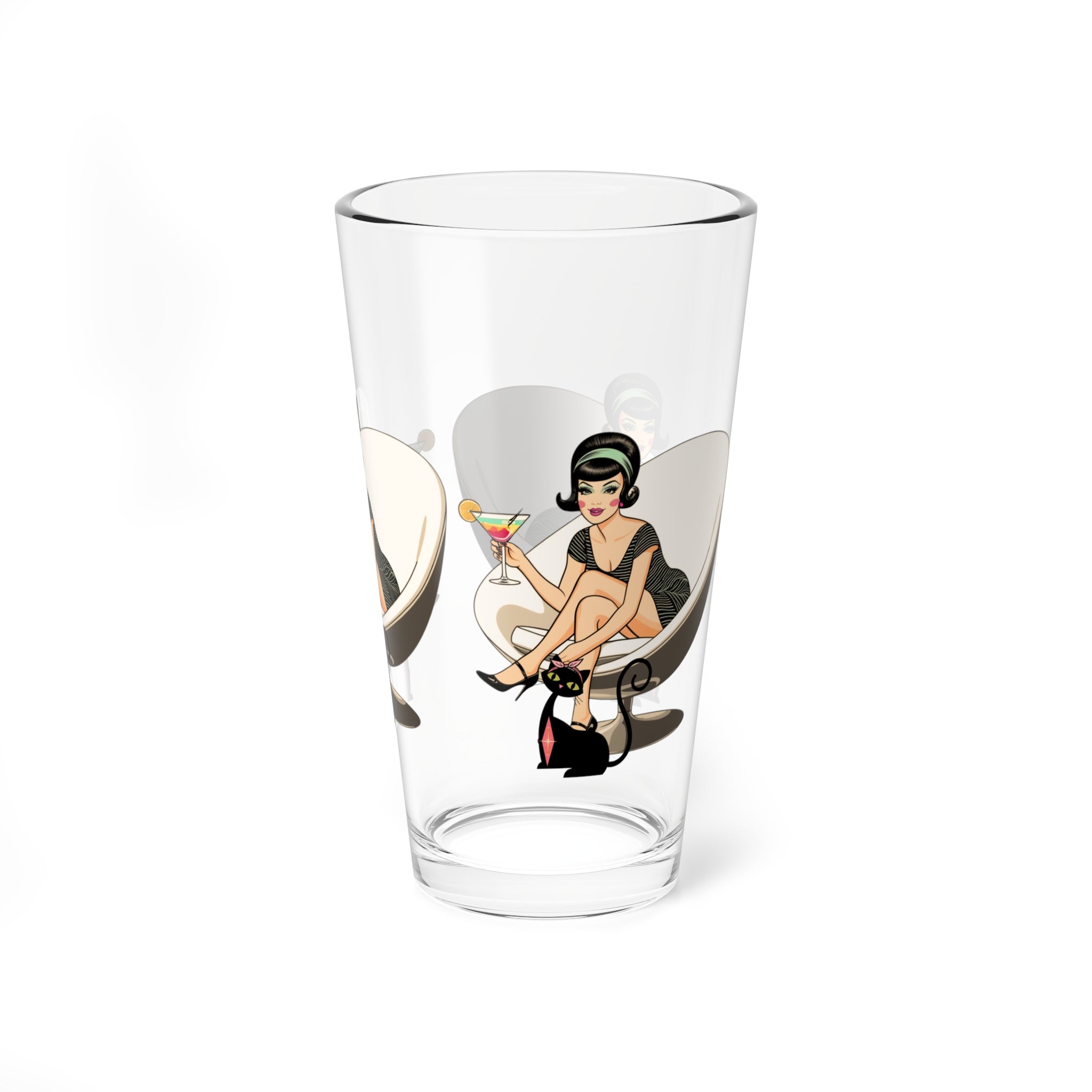 Mid Century Modern Gal, Atomic CatRetro Cocktail Glass - 16oz Stylish Barware with Mid Mod Design - Mid Century Modern Gal