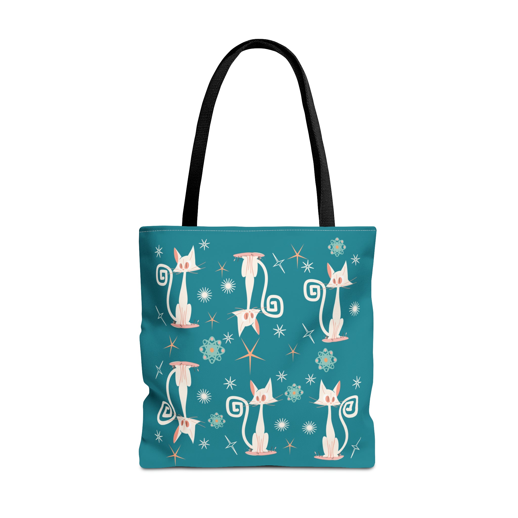Atomic Kitties, White Kitschy Cats, Coral, Teal, Atomic Age Mid Century Modern Tote Bag - Mid Century Modern Gal
