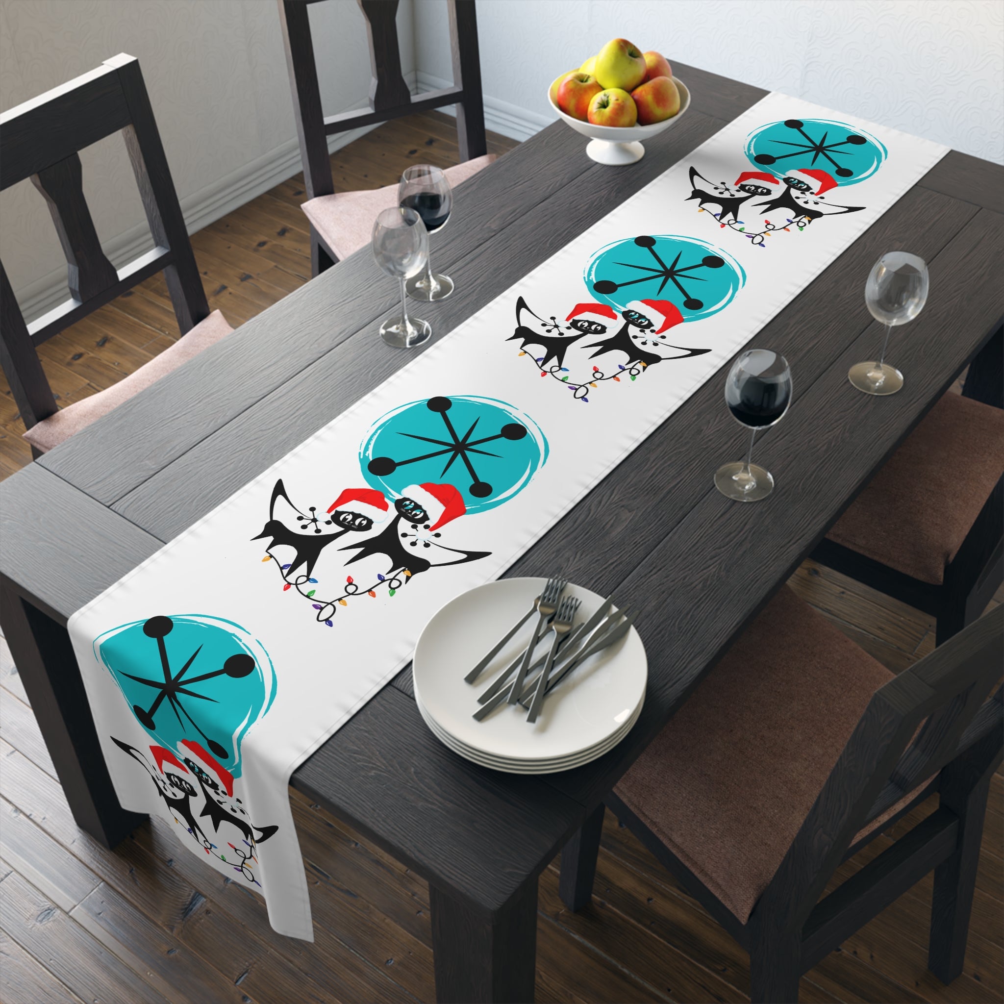 Atomic Cat Retro Christmas Mid Century Modern White MCM Designs Table Runner - Mid Century Modern Gal