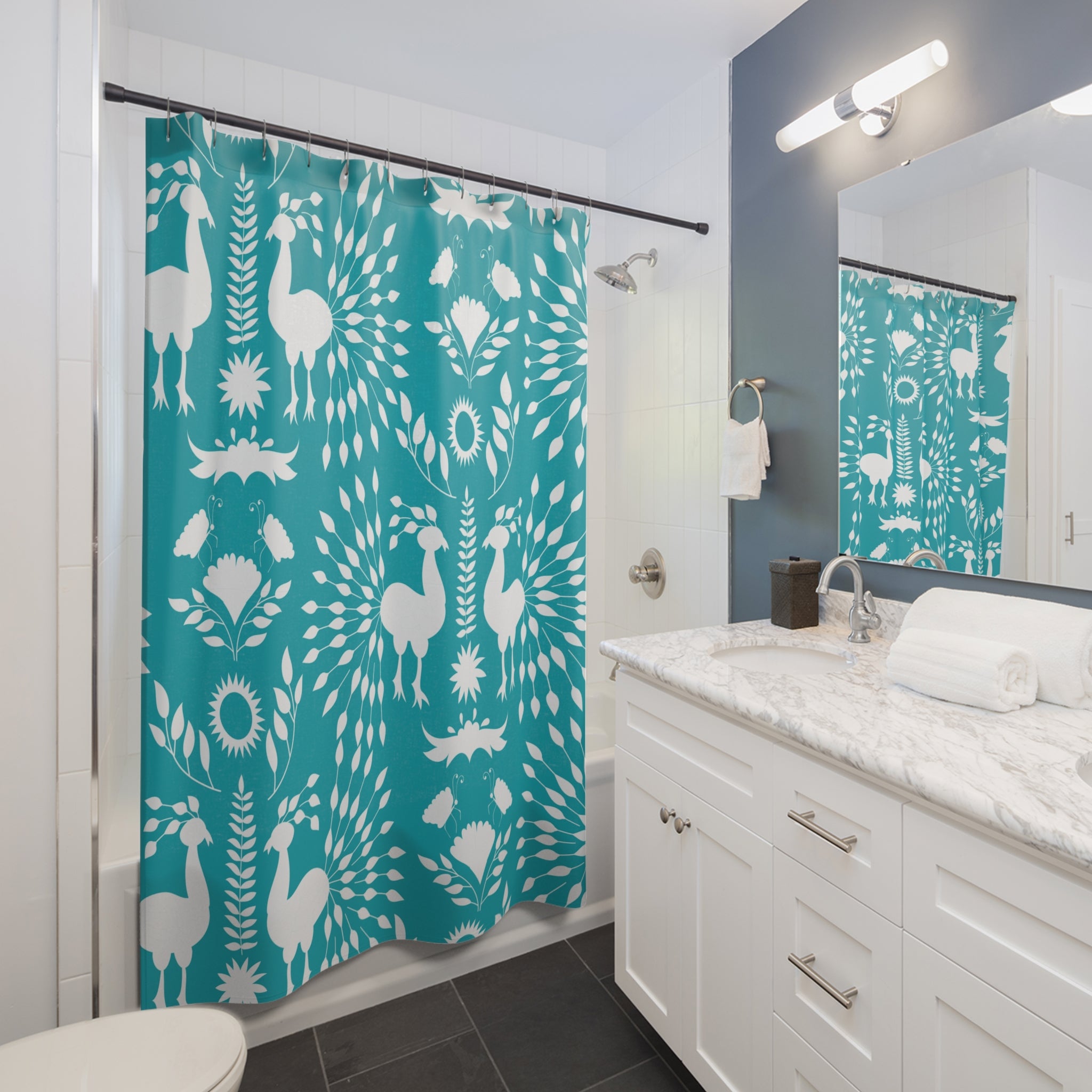 Scandinavian Teal Blue Chinoiserie Peacock Retro Mid Modern Shower Curtain - Mid Century Modern Gal