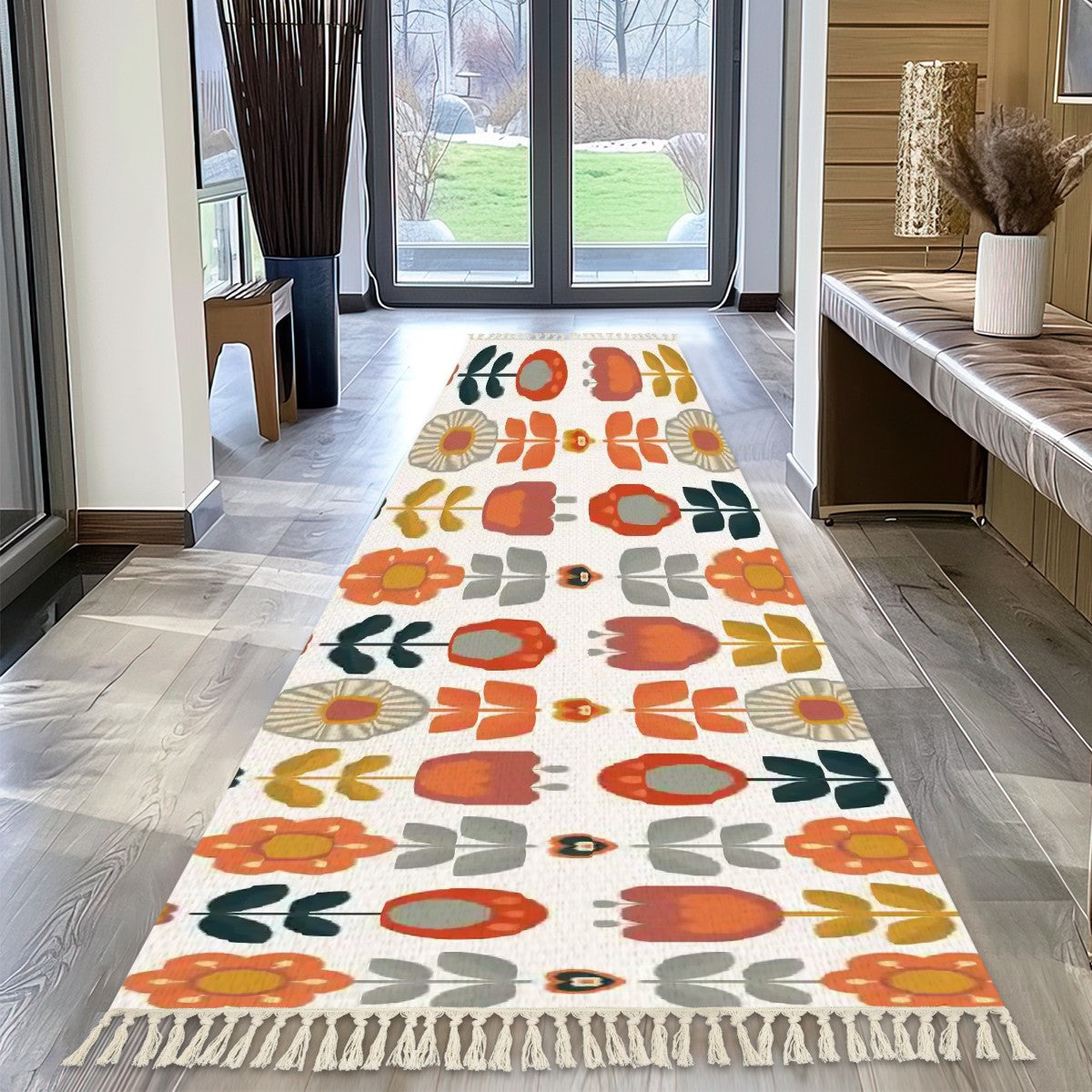 Retro Scandinavian Mod Flower Pop Of Color, Boho Runner Rug with Tassels - Mid Century Modern Gal
