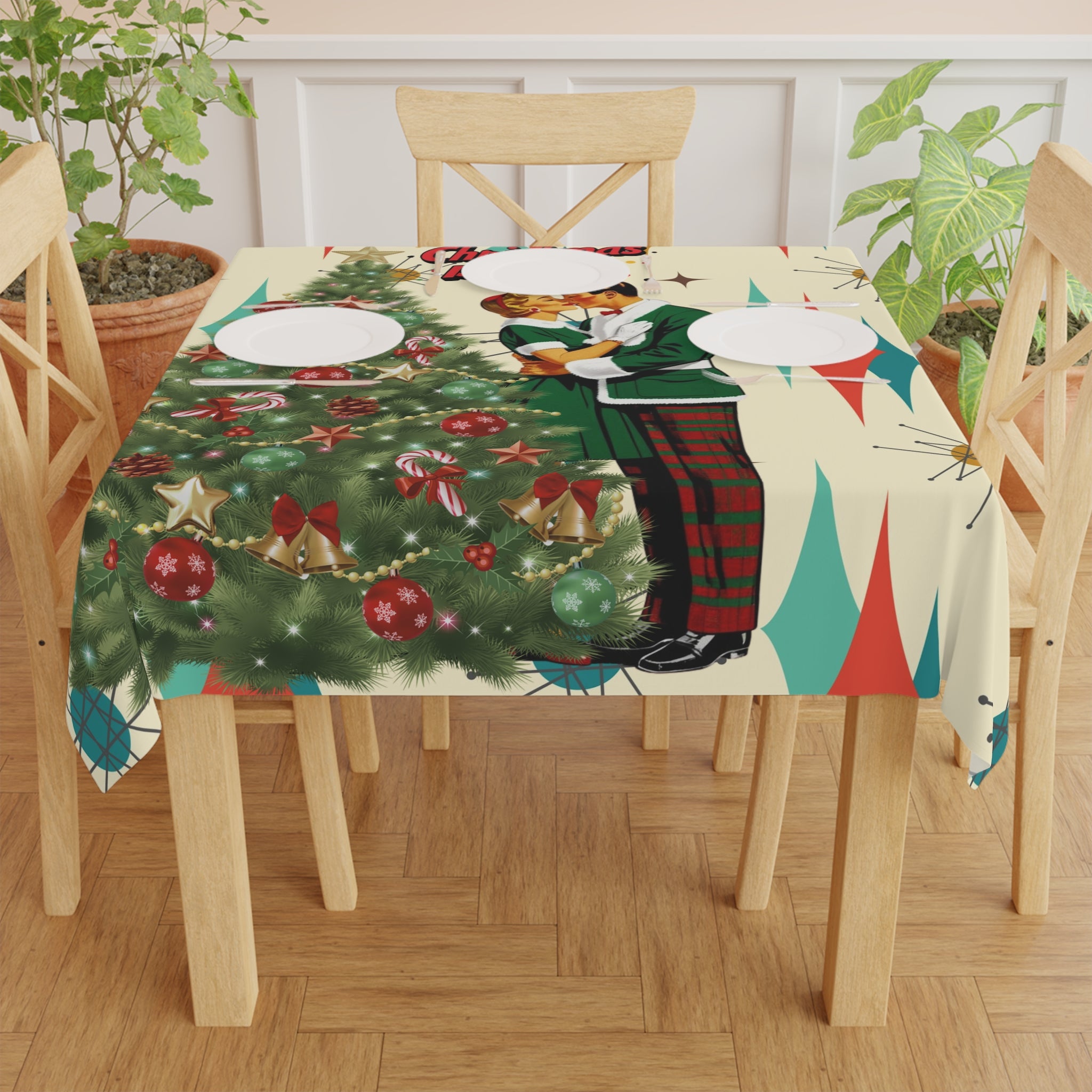 Mid Century Modern Christmas Tablecloth, Franciscan Starburst Pattern "All I Want for Christmas is You" Holiday Decor - Mid Century Modern Gal