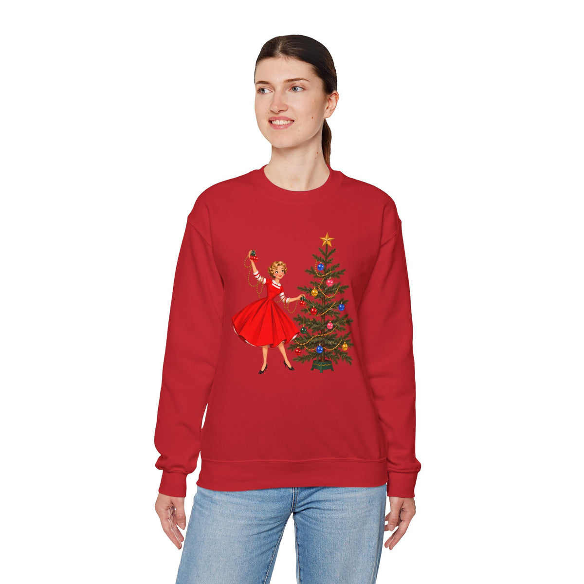 Mid Century Modern Gal Decorating Christmas Tree Unisex Heavy Blend™ Crewneck Sweatshirt - Mid Century Modern Gal