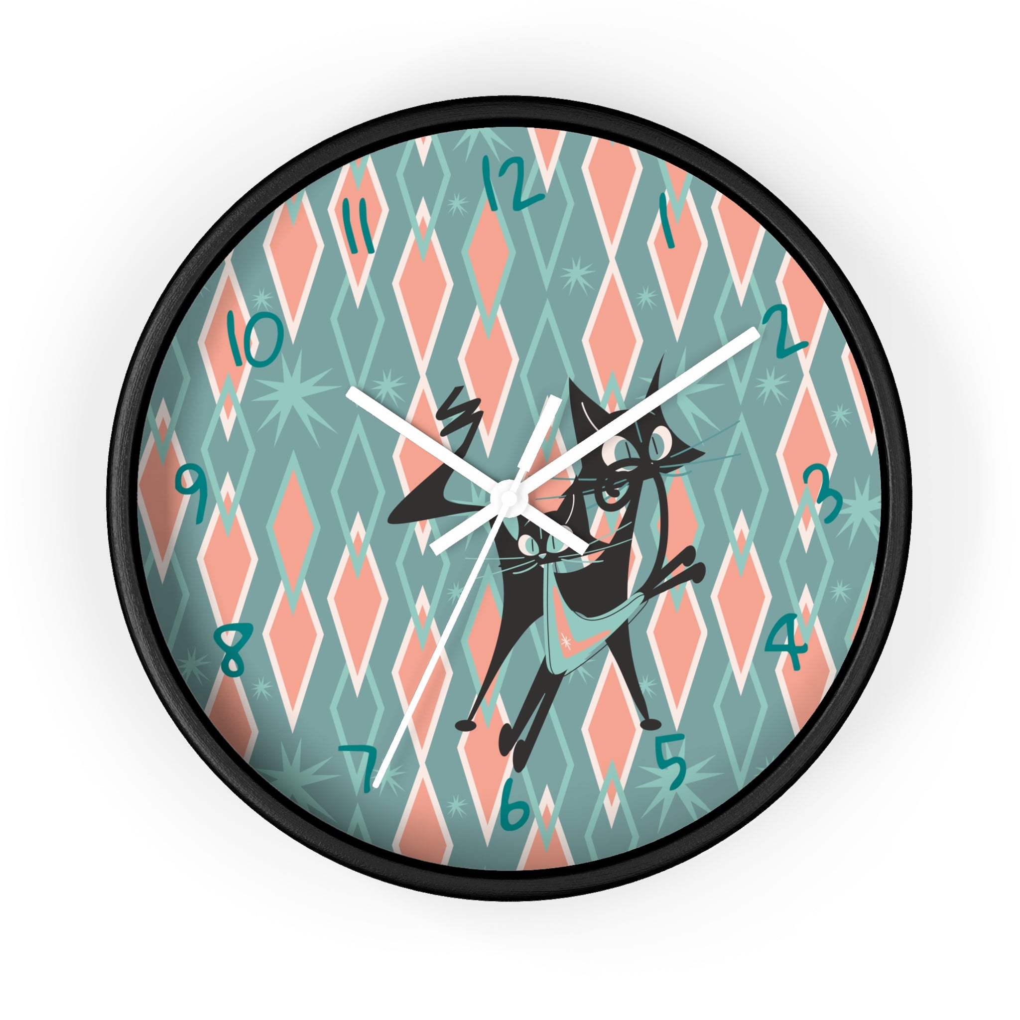 Retro Kitchen Wall Clock For Atomic Cat Black Cat Lovers, Mid Century Modern Designed, Teal, Pink Harlequin Diamond Designed MCM Clock - Mid Century Modern Gal