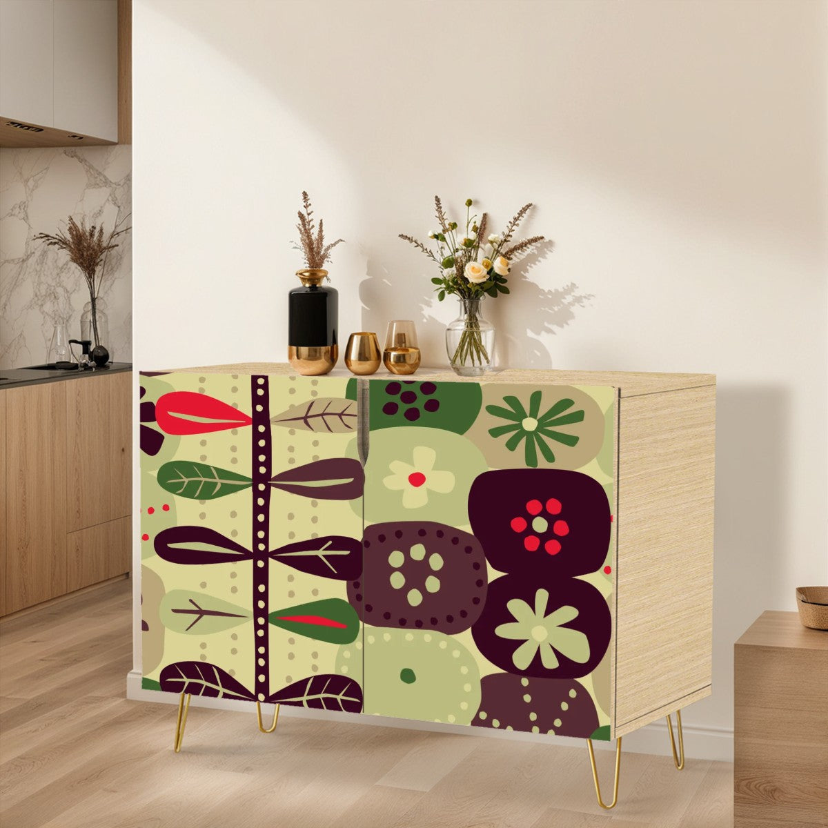 Boho Retro Brown Green Sage Scandinavian Floral Designed Mid Century Modern Wooden Storage Cabinet - Mid Century Modern Gal