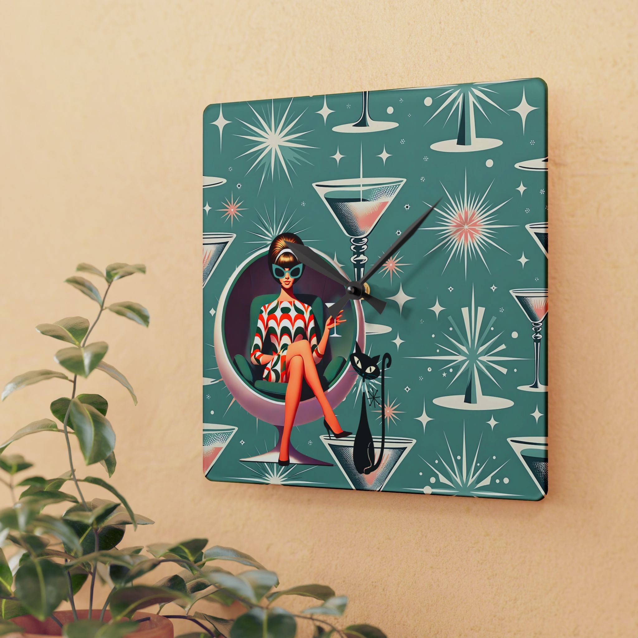 Retro 60s Gal, Martini Lover, Atomic Cat Glam Acrylic Wall Clock - Mid-Century Modern Design with Chic Cocktail Vibe - Mid Century Modern Gal