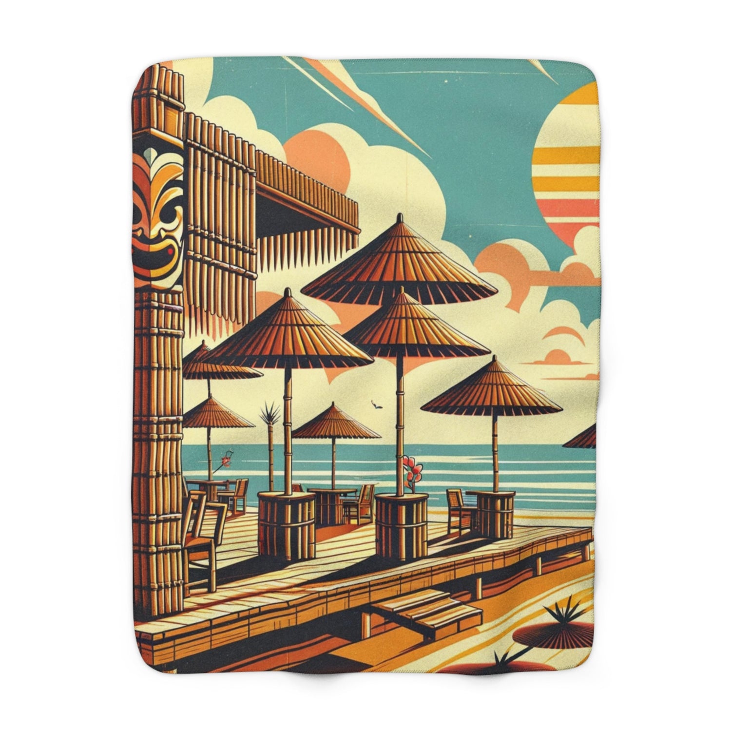 Mid Century Modern Retro Tiki Idol, Tiki Bar, Sunset Beach, MCM Sherpa Fleece Blanket - Mid Century Modern Gal