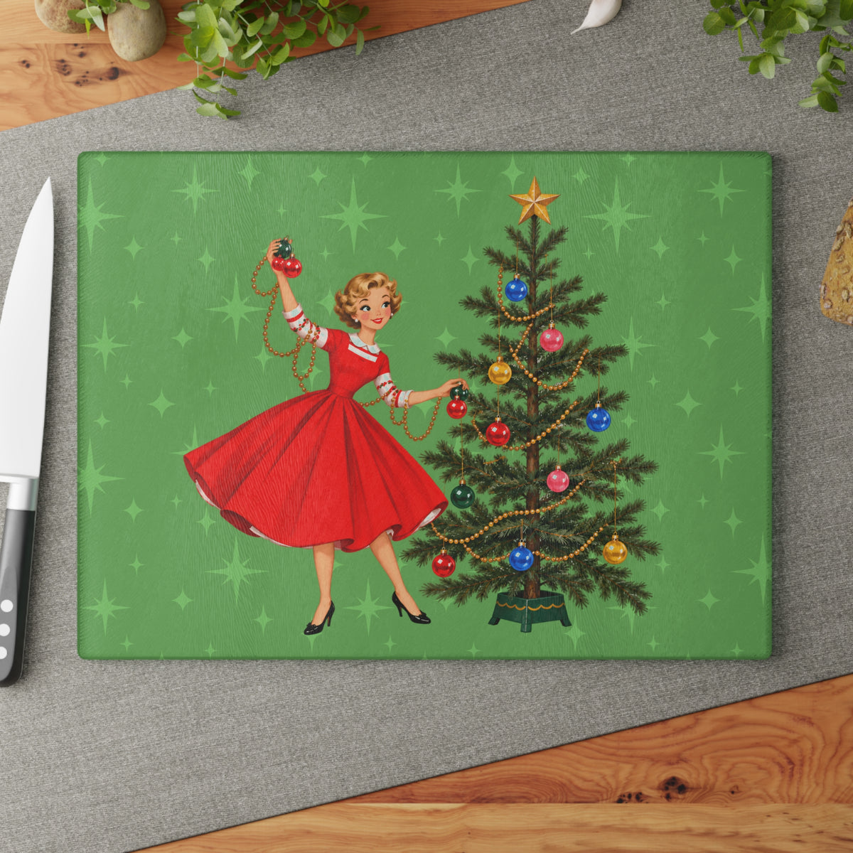 Mid Century Modern Gal Decorating Christmas Tree, Green Atomic Starbursts Glass Cutting Board