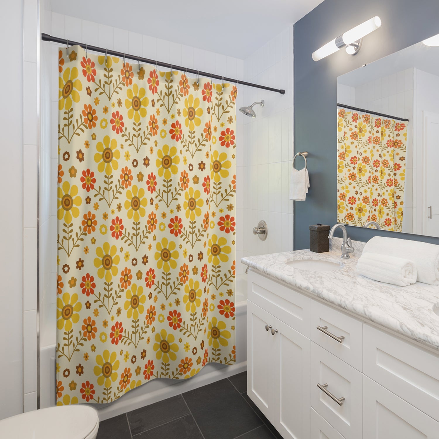1970s Groovy Flower Power Golden Yellow, Orange Pop Of Funky Fun Shower Curtain - Mid Century Modern Gal