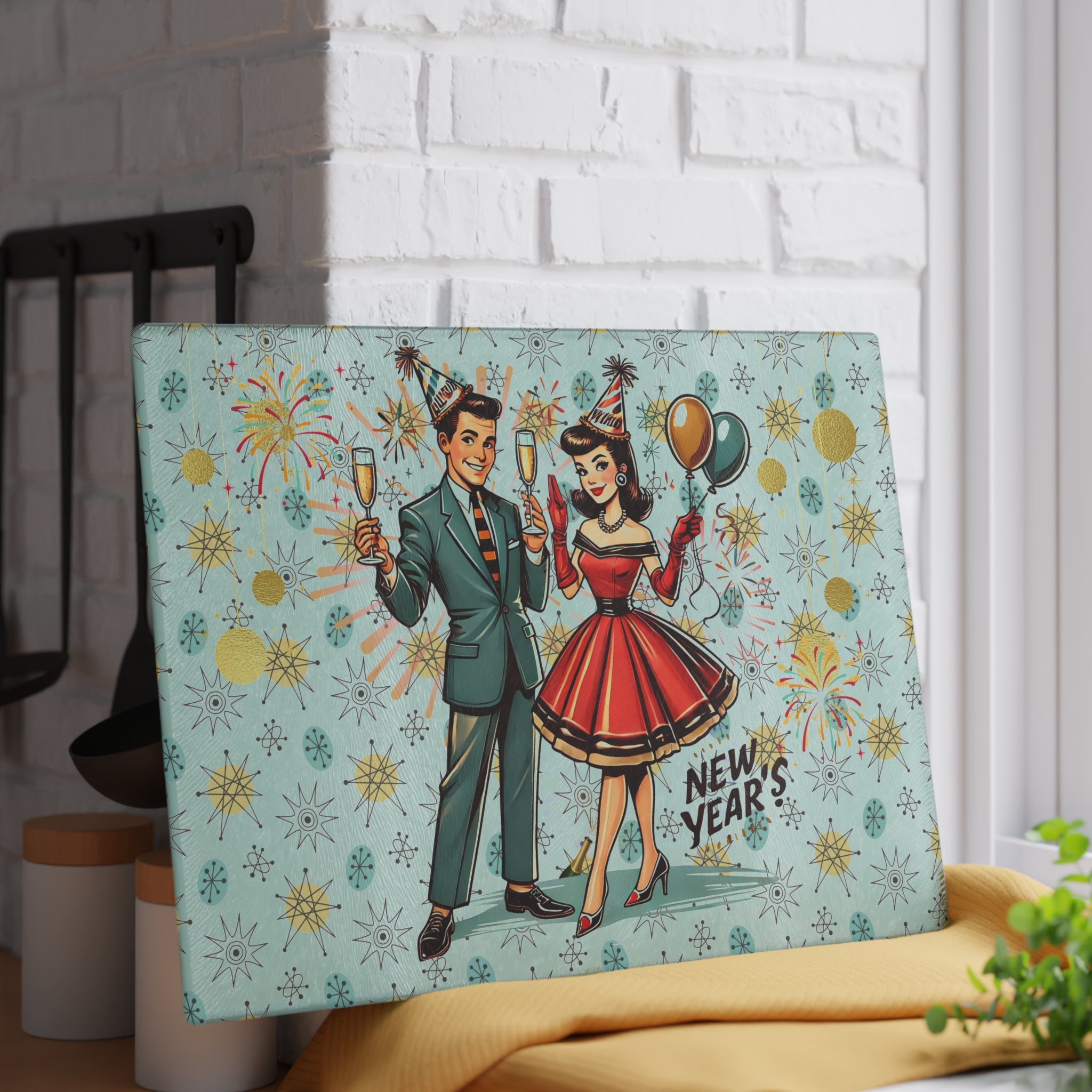 Mid Century Modern Franciscan Diamond Kitschy Couple New Year Party Cheese Board, Glass Cutting Board - Mid Century Modern Gal