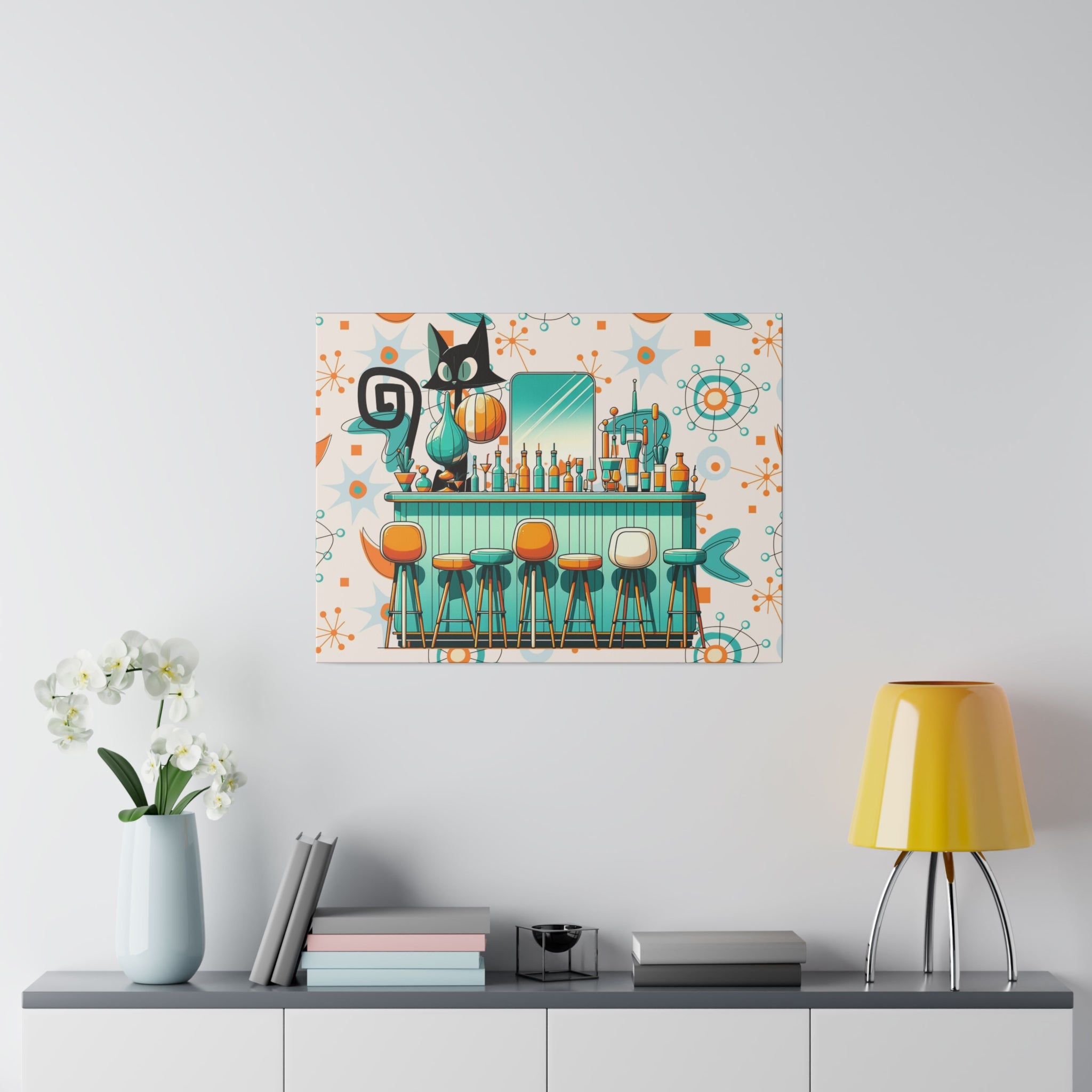 Atomic Cat, Mid Century Modern Kitschy Bar, Orange, Teal Mid Century Modern Wall Art - Mid Century Modern Gal