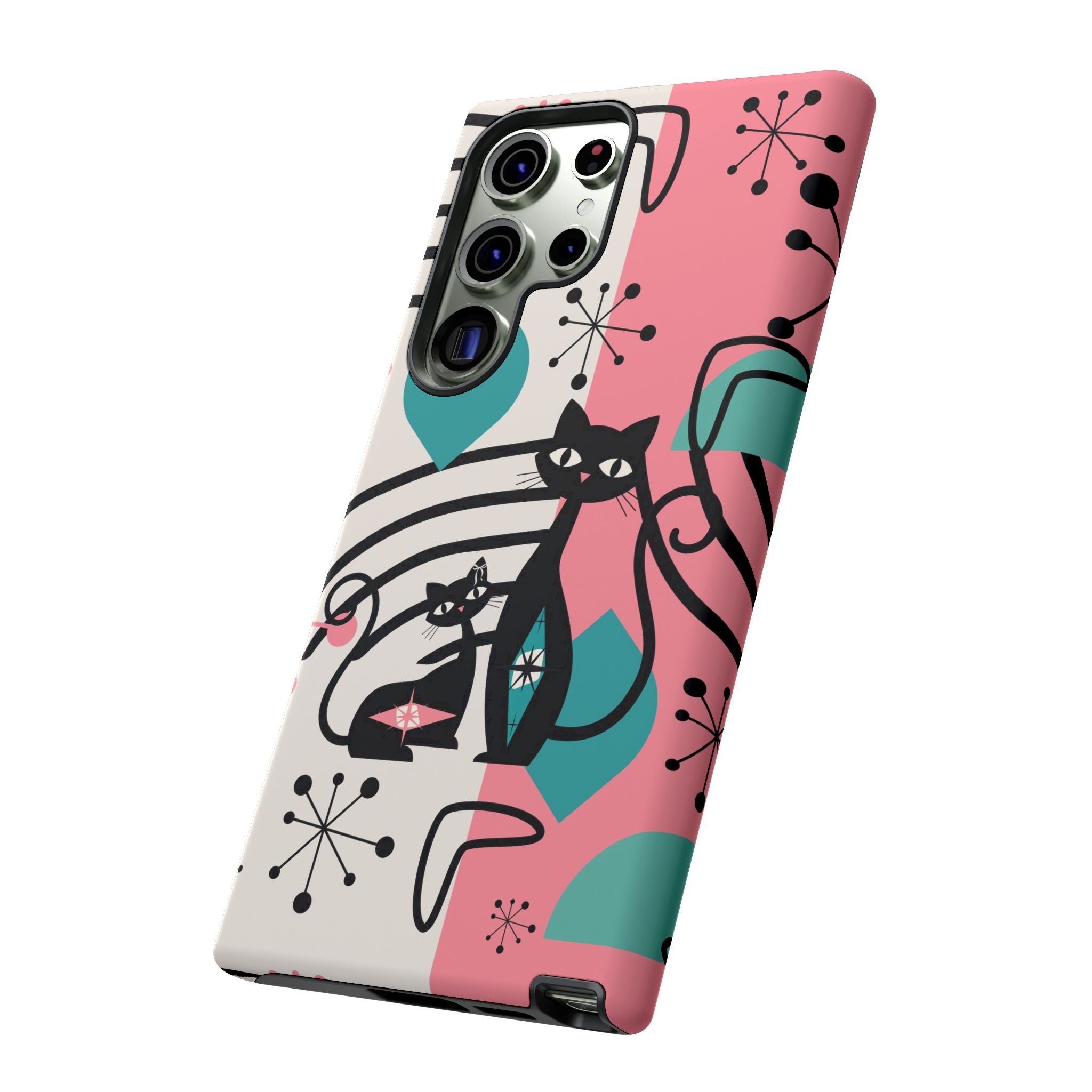 Mid Mod Atomic Cat Boomerang Starburst, Pink, Black Kitschy Stylish Cat Phone Case: Modern Design for Cat Lovers