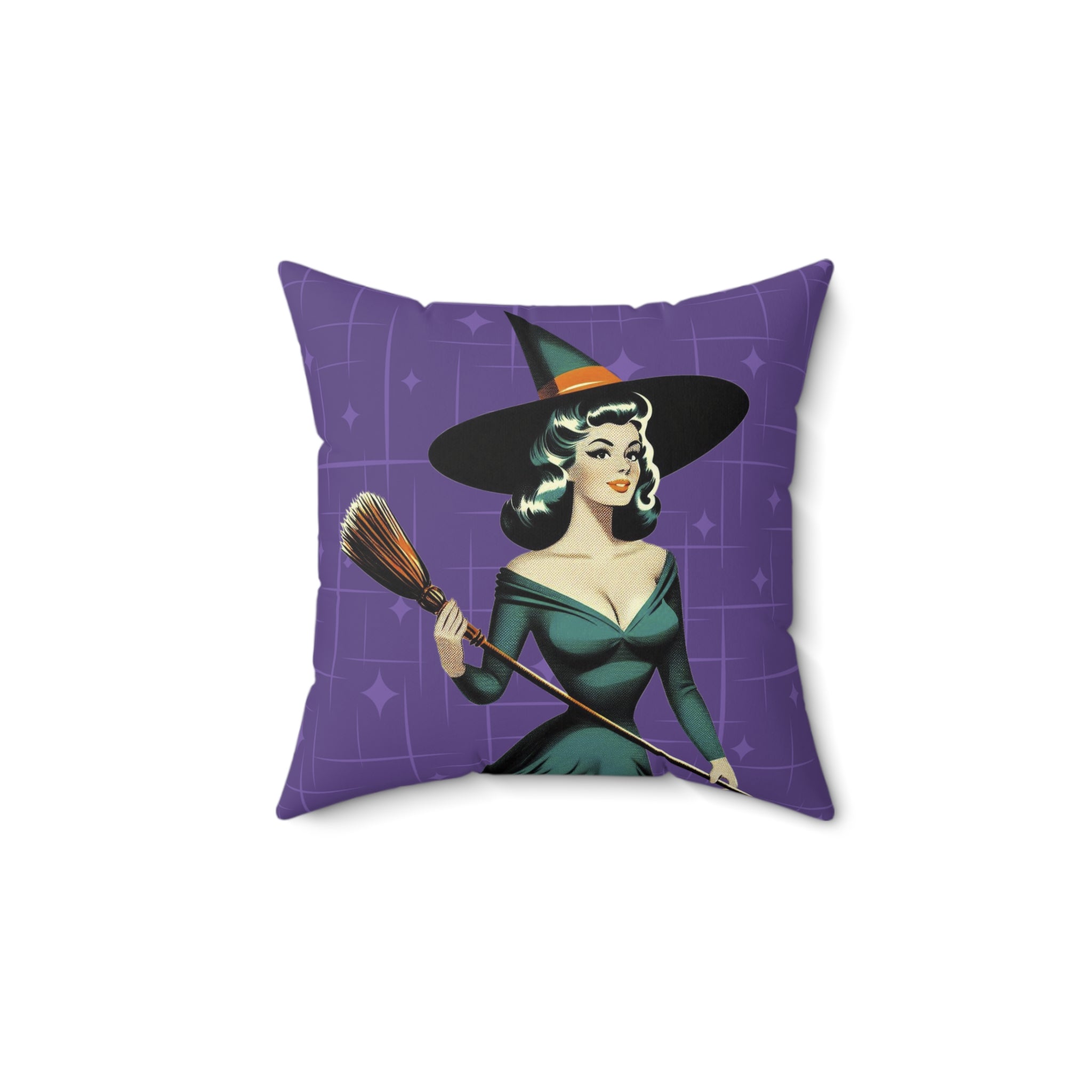 Mid Century Modern Vintage Pin Up Witch Halloween Purple Teal Halloween Pillow Cover and Insert - Mid Century Modern Gal