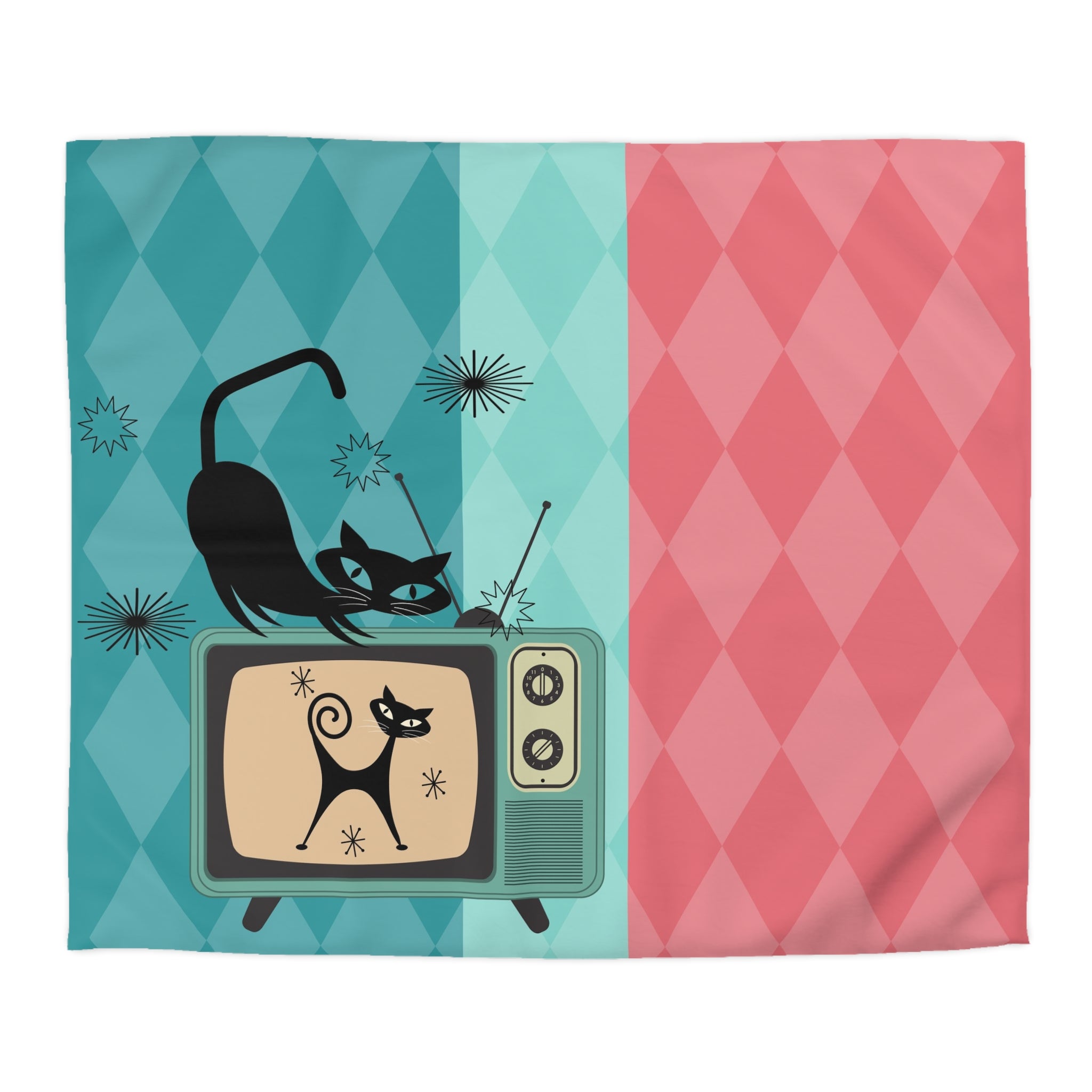 Atomic Kitties, Mid Mod Harlequin Diamond Pattern, Pink, Teal, Light Mint, Retro Mod Duvet Cover - Mid Century Modern Gal