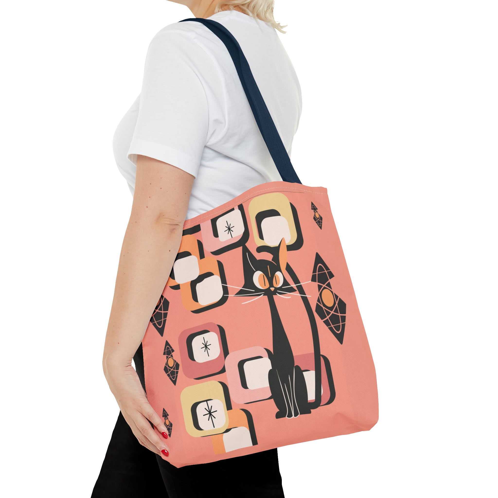 Atomic Cat Tote Bag, Coral Color, Mid Century Modern Geometric Designs, Mid Mod Retro Apparel - Mid Century Modern Gal