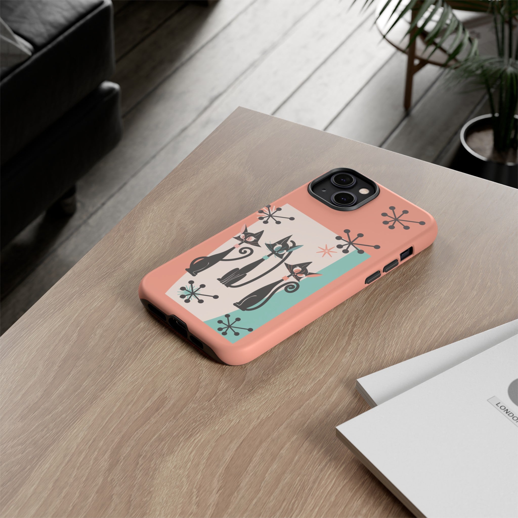 Atomic Cat Mid Mod Coral Aqua Blue Starburst Kitschy Fun Chic Samsung, Smart Phones Tough Cases - Mid Century Modern Gal