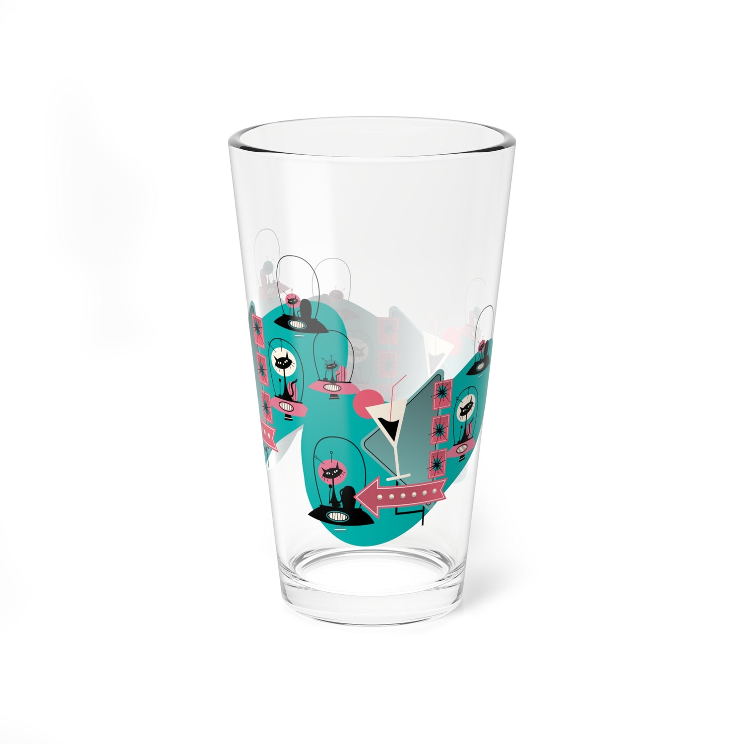 Atomic Cat Retro Barware, Space Kitties, Cats In Space, Mid Century Modern Atomic Living, MCM Drinkware Mixing Glass, 16oz - Mid Century Modern Gal