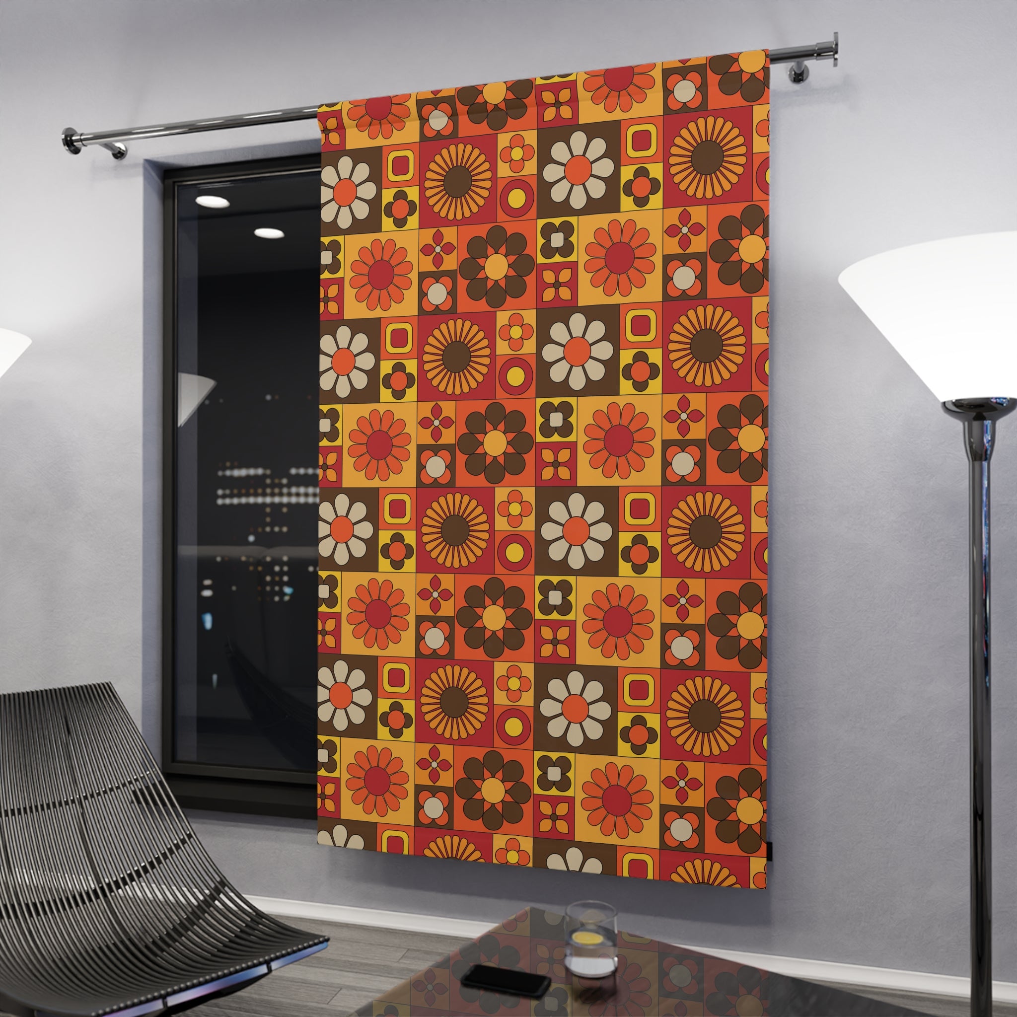 Retro Flower Power Patchwork 70s Floral Window Curtain – Stylish Home Decor for Cozy Living Spaces - Mid Century Modern Gal