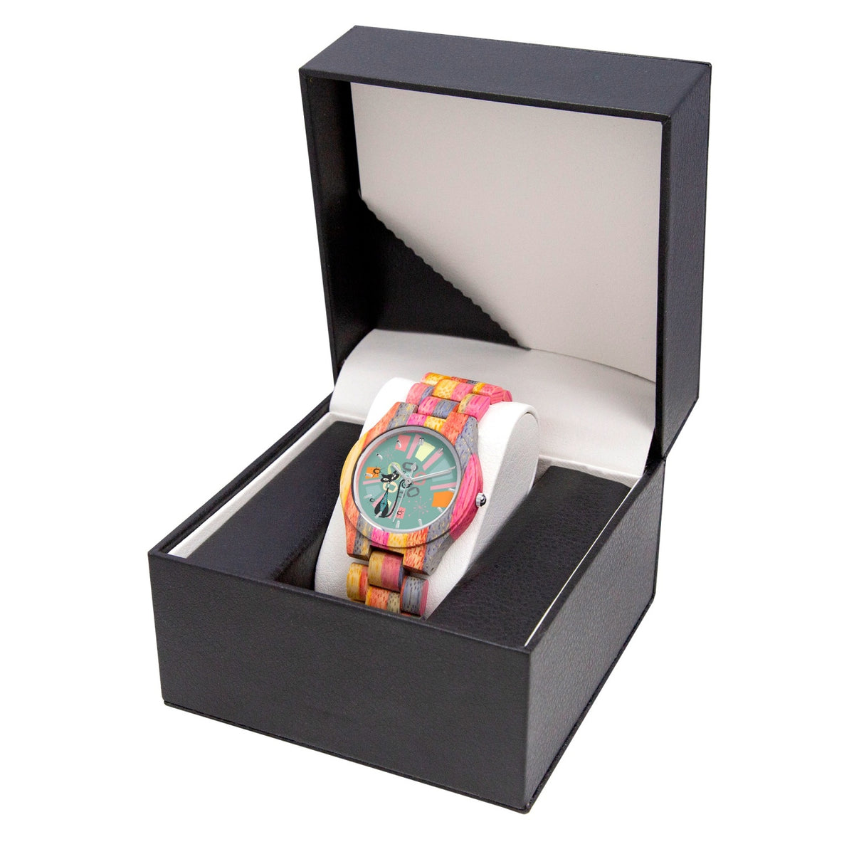 Atomic Cat, Kitschy Kitty Bamboo Watch Time Piece, Unique Colorful Mod Watch - Mid Century Modern Gal