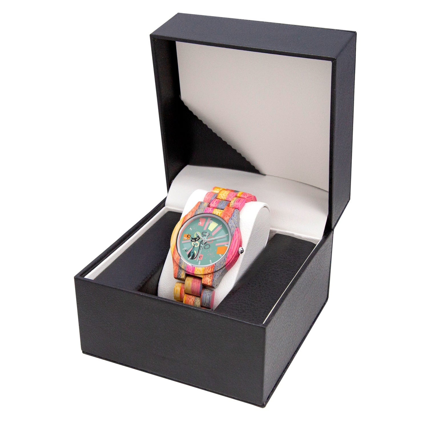 Atomic Cat, Kitschy Kitty Bamboo Watch Time Piece, Unique Colorful Mod Watch - Mid Century Modern Gal