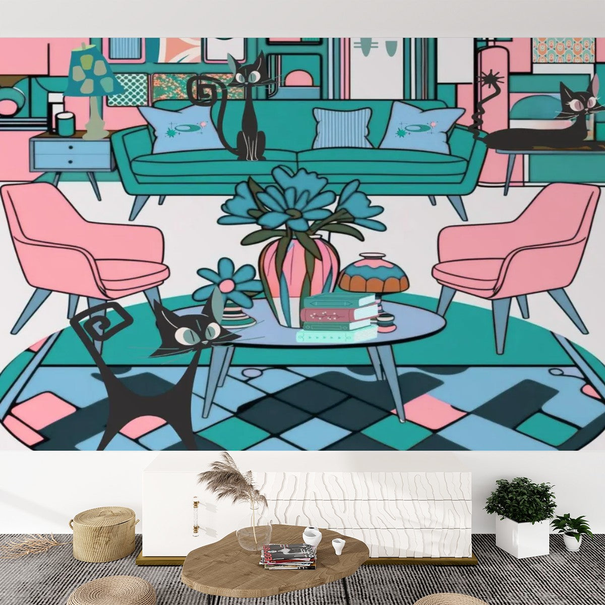 Atomic Cat Lounge Mid Century Modern Pink Teal Kitschy Mod Canvas Self Adhesive Wallpaper - Mid Century Modern Gal