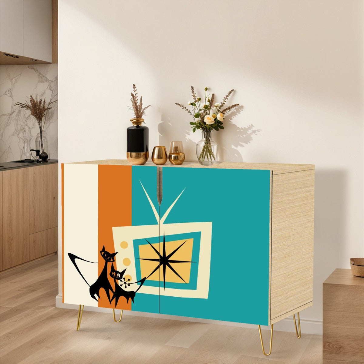 Mid Century Modern TV Credenza, Storage Cabinet Adorned WIth Atomic Kitschy Cats - Mid Century Modern Gal