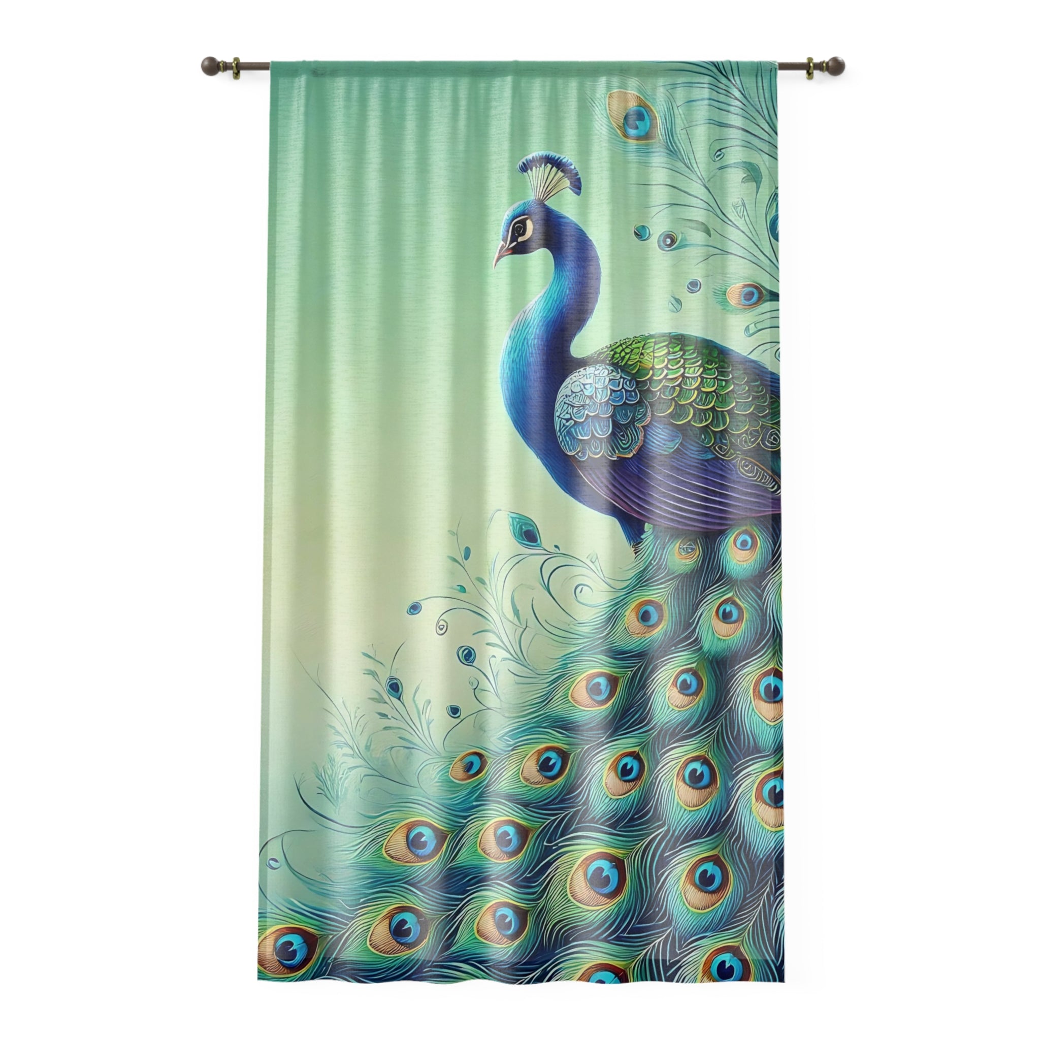 Chinoiserie Elegant Green Peacock Eye Feathers Modern Sheer Curtain Panel - Mid Century Modern Gal