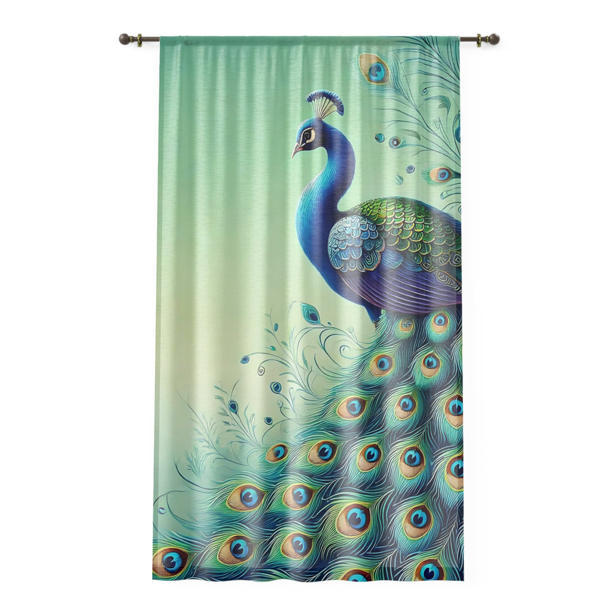 Chinoiserie Elegant Green Peacock Eye Feathers Modern Sheer Curtain Panel - Mid Century Modern Gal