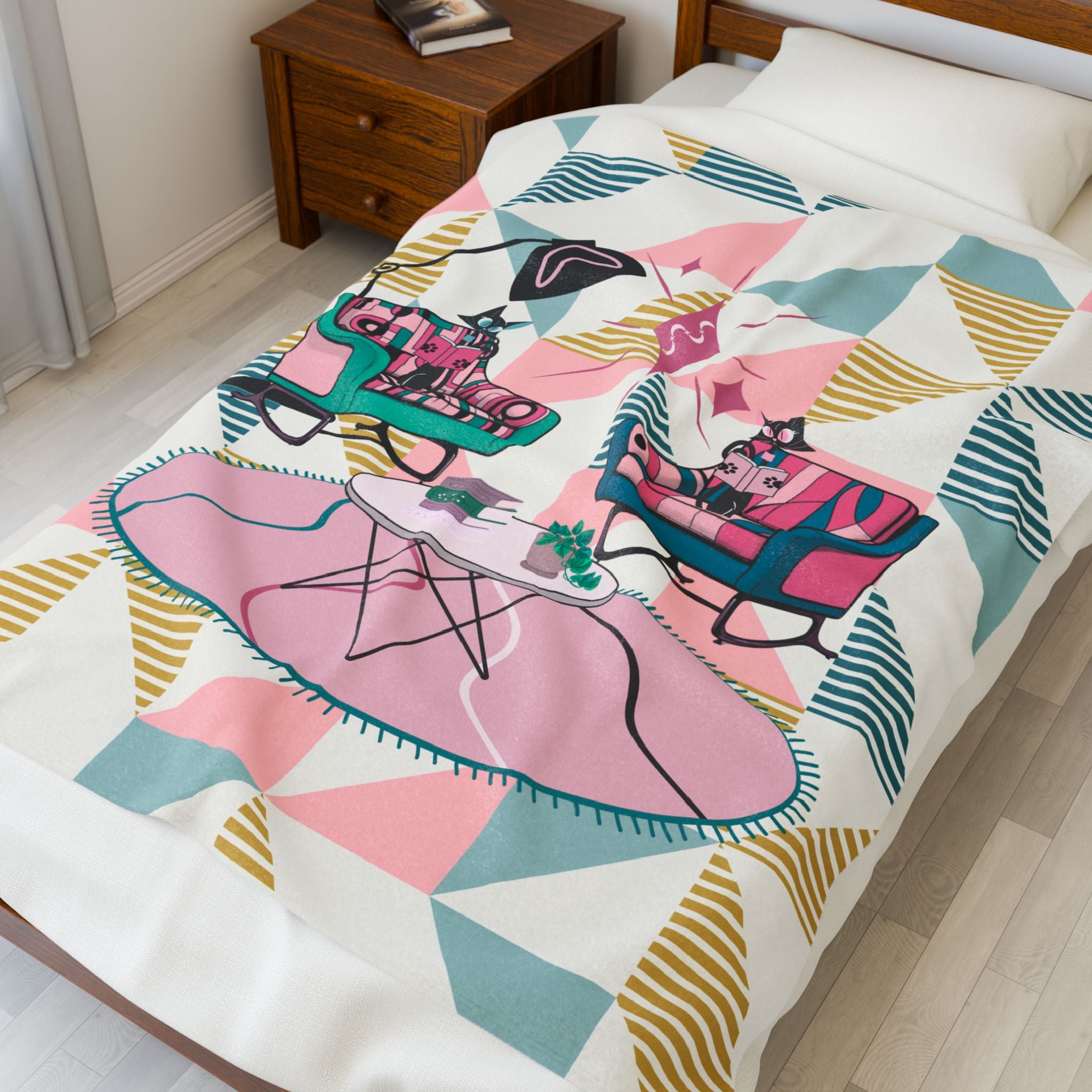 Atomic Cats Reading Blanket Mid-Century Modern, Book Lover, Book Club Gift Plush Blanket - Cozy Retro Home Decor - Mid Century Modern Gal